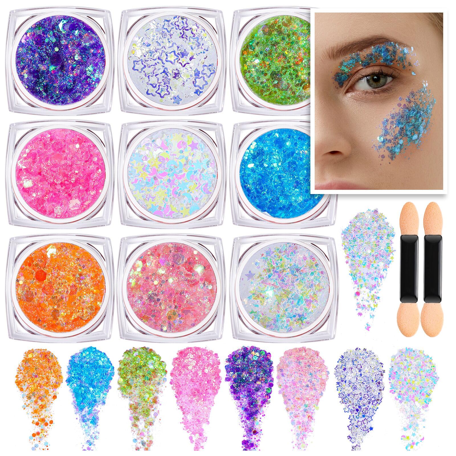 Teenitor Face Glitter, Body Glitter Gel Set, 9 Colors Makeup Gel Glitter for Face and Body, Hair Glitter for Festival Party Cheer
