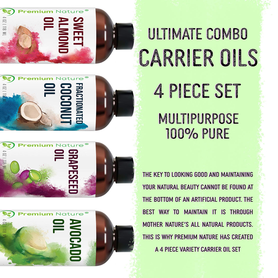 Carrier Oils For Essential Oil - 4 Piece Variety Pack Gift Set Coconut Oil Grapeseed Oil Avocado Oil & Sweet Almond Best Oils for Stretch Mark Dry Skin Moisturizer Hair Packaging May Vary 4oz Each