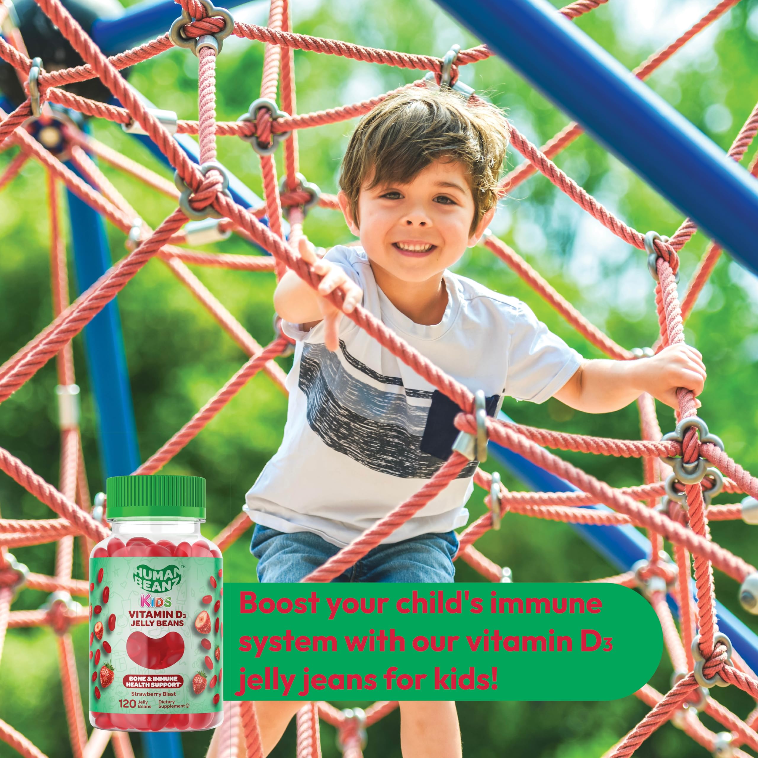 Human Beanz Vitamin D3 Jelly Bean Gummies for Kids, 25mcg/1000 IU Vitamin D, Nutritional Vegetarian Supplements, 120 Strawberry Blast Jelly Beans, Kosher