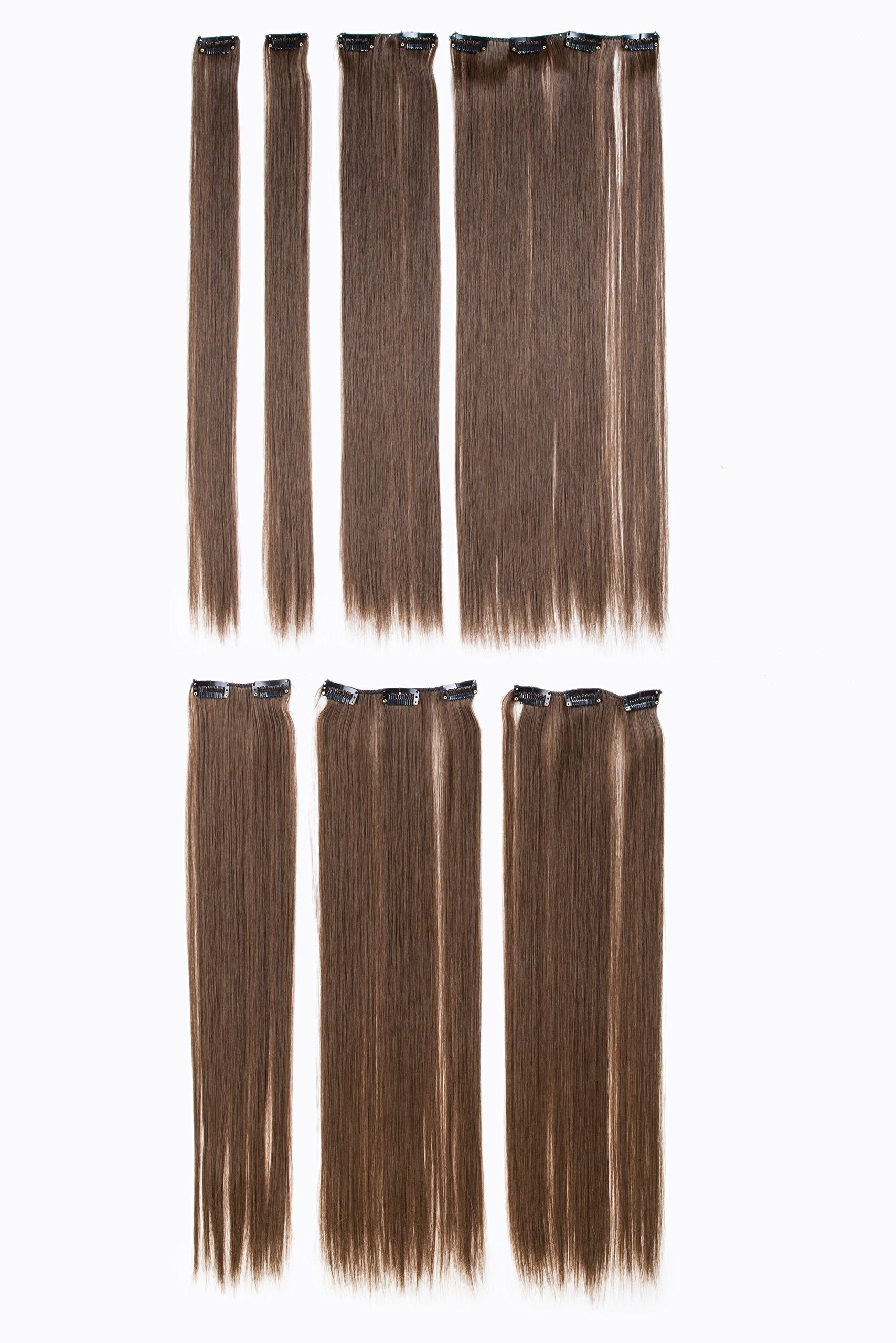 Medium Ash Brown-8# : SWACC Women 22 Inches Straight Full Head 7 Separate Pieces Heat Resistance Synthetic Hair Clip in Hair Extensions (Medium Ash Brown-8#)