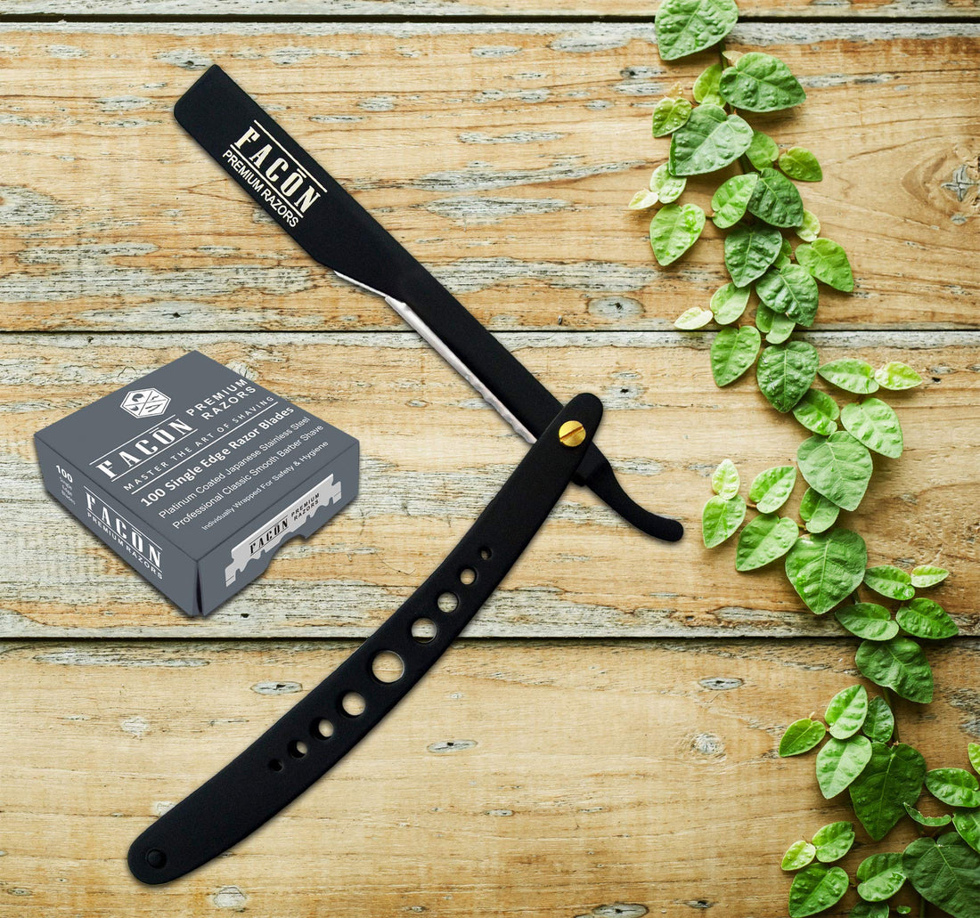 Facón Professional Straight Edge Barber Razor/Rasoirs/Rasoi with Adjustable Tension Screw - Salon Grade Quality Cut Throat Shavette - Japanese Stainless Steel - Black & Gold Limited Edition Gift Box
