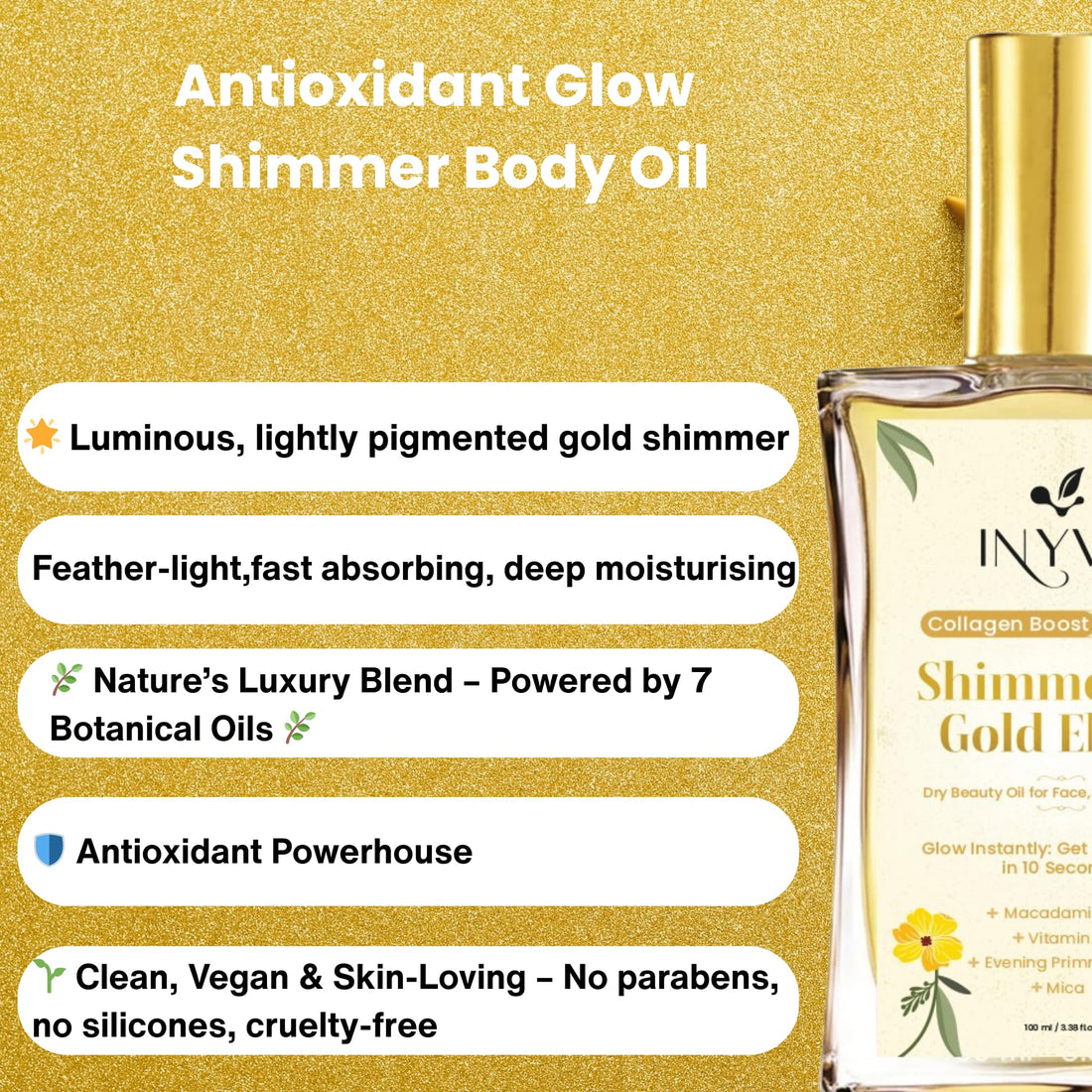 INYVA Shimmering Elixir Gold Dry Oil for Face, Body & Skin | Radiant Glow in 10 Seconds | Nourishes with Macadamia, Aloe Vera & Grapeseed Oils 3.38 Oz