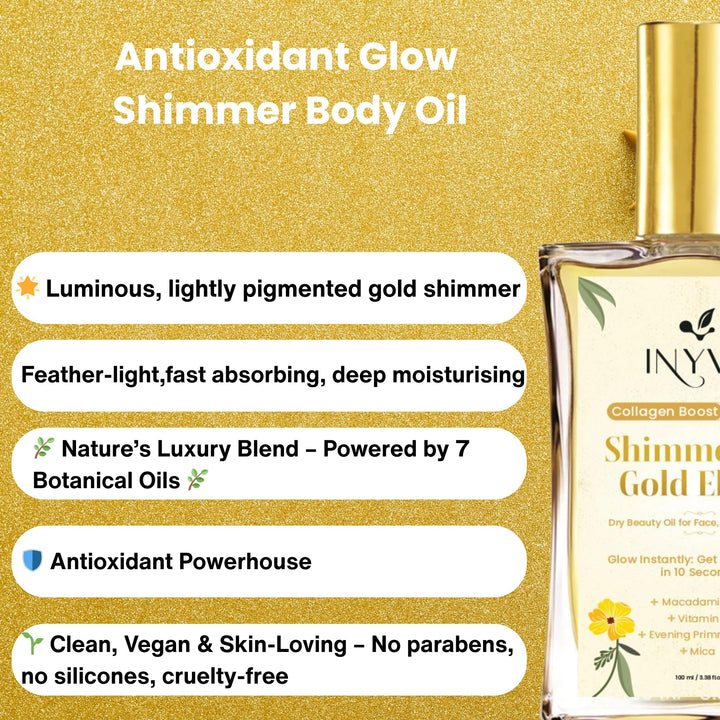 INYVA Shimmering Elixir Gold Dry Oil for Face, Body & Skin | Radiant Glow in 10 Seconds | Nourishes with Macadamia, Aloe Vera & Grapeseed Oils 3.38 Oz