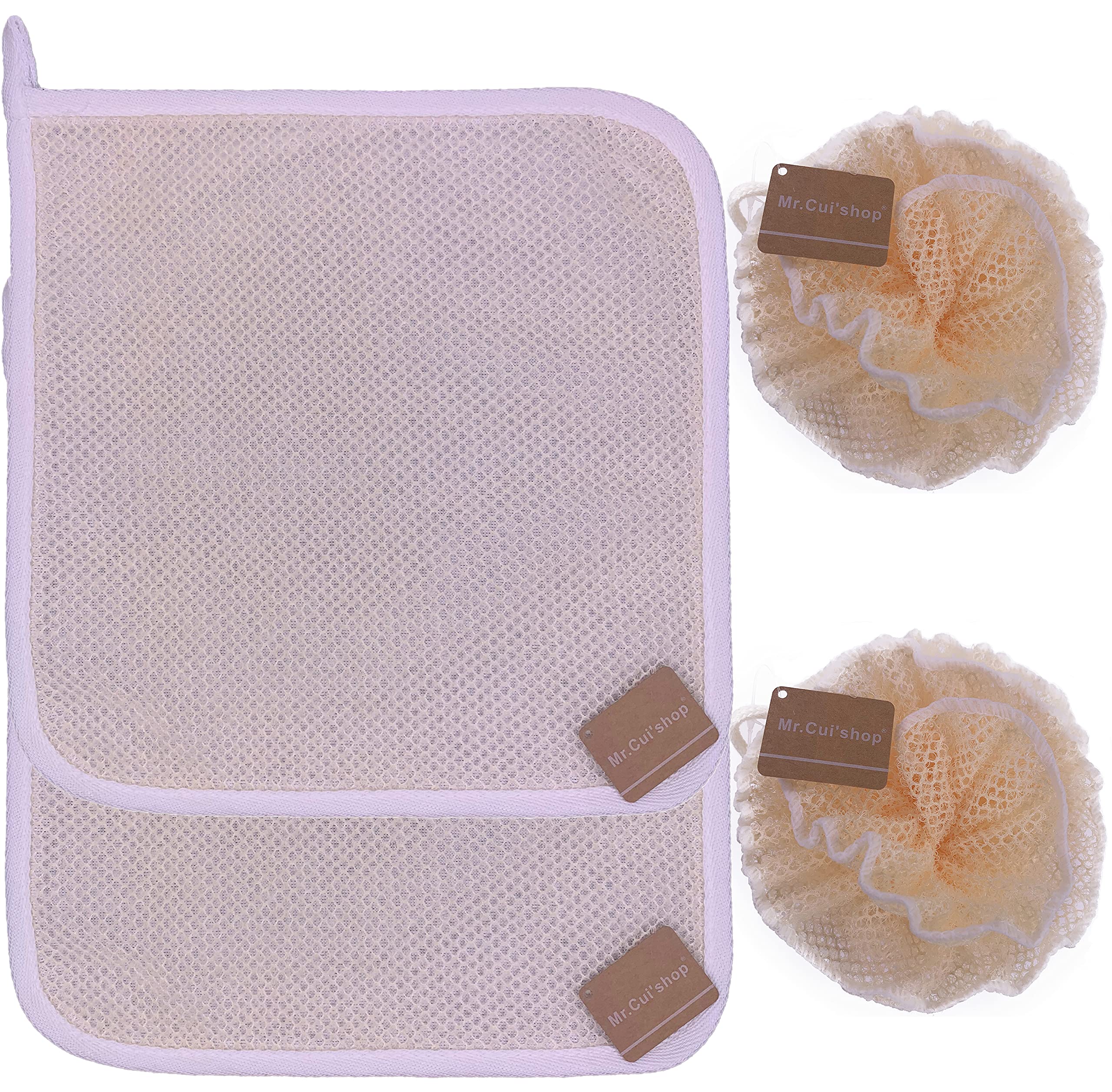 4 pcs/set 2 Soft Weave Home Spa Exfoliating Face and Body Wash Cloths, Dual-Textured for Shower & 2 Bath Spa Puff Scrubber Ball - Remove Dead Skin - Great for Skin Care in the Bath - Rich Foams Bubble