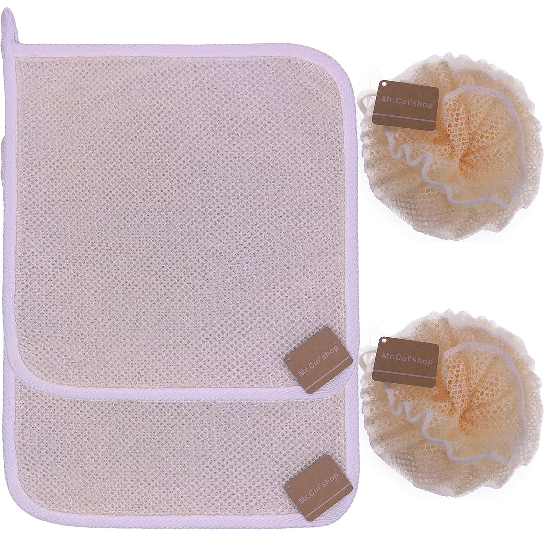 4 pcs/set 2 Soft Weave Home Spa Exfoliating Face and Body Wash Cloths, Dual-Textured for Shower & 2 Bath Spa Puff Scrubber Ball - Remove Dead Skin - Great for Skin Care in the Bath - Rich Foams Bubble