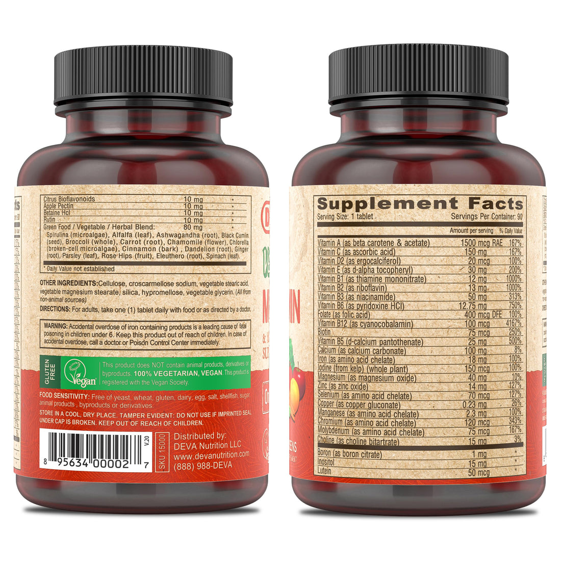 DEVA Vegan Multivitamin & Mineral Supplement - Vegan Formula with Green Whole Foods, Veggies, and Herbs - High Potency - Manufactured in USA and 100% Vegan - 90 Count (Pack of 2)