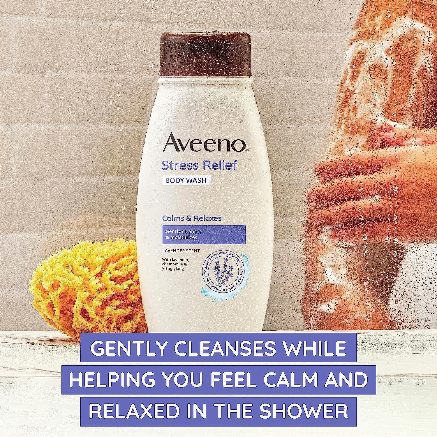 Aveeno Stress Relief Body Wash with Nourishing Oat & Lavender Scent for Sensitive Skin, Gently Cleanses & Helps You Feel Calm & Relaxed in the Shower, Soap-Free, 12 fl. oz