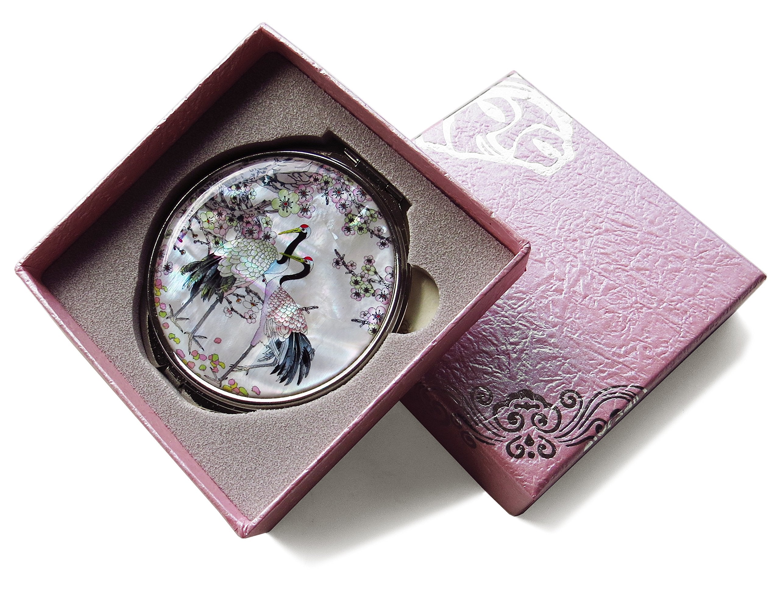 Compact Makeup Mirror Cosmetic Korean Mother Of Pearl Lacquered Apricot Tree & Crane White #5