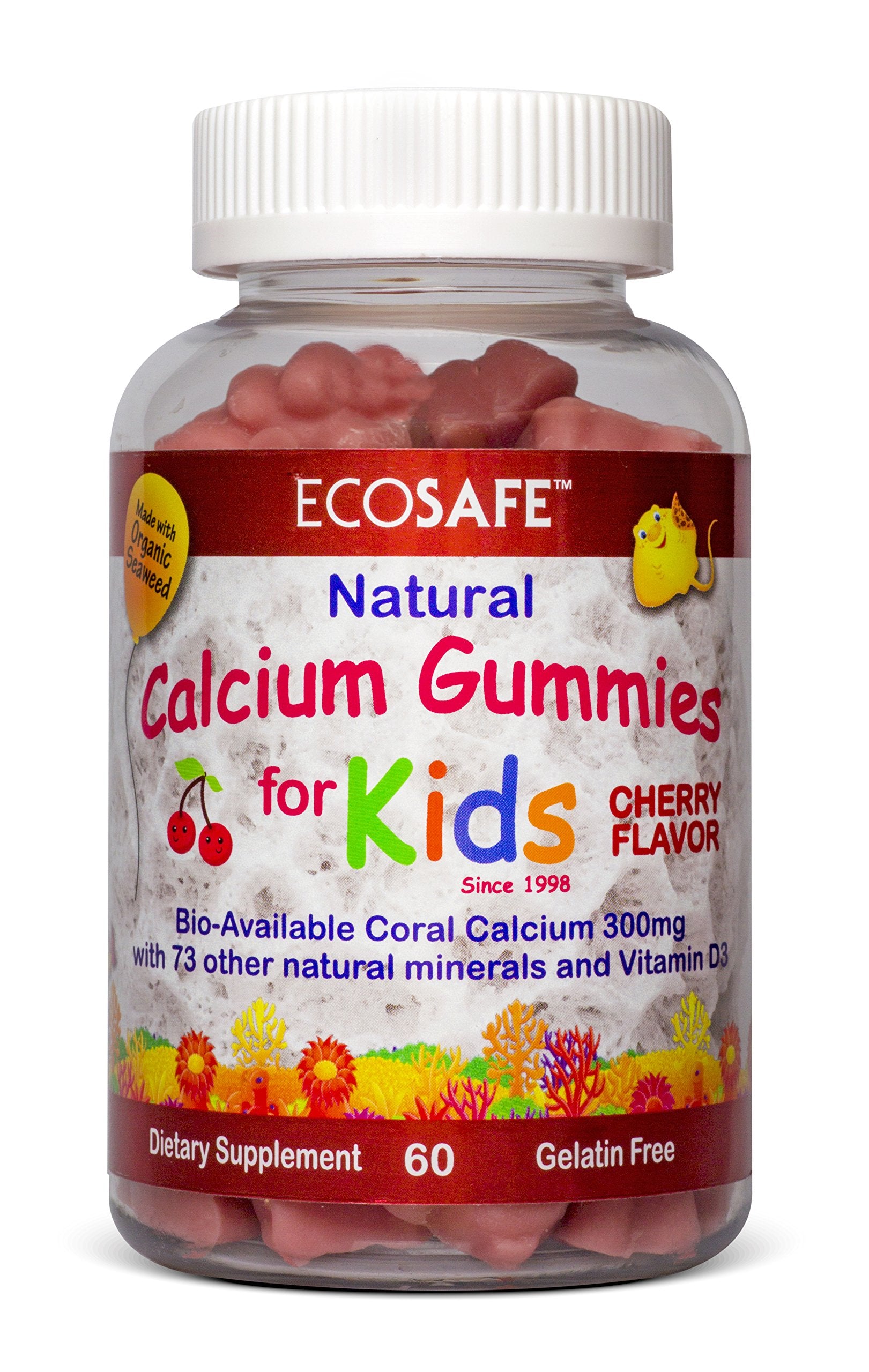 Coral Calcium Vitamin D3 Kids Gummy, Natural Cherry Flavor, Non GMO, Gluten-Free, Dairy-Free, Soy-Free and Gelatin Free - 300 mg of Calcium, and 800 IU of Vitamin D3-60 Gummies (1 Pack)