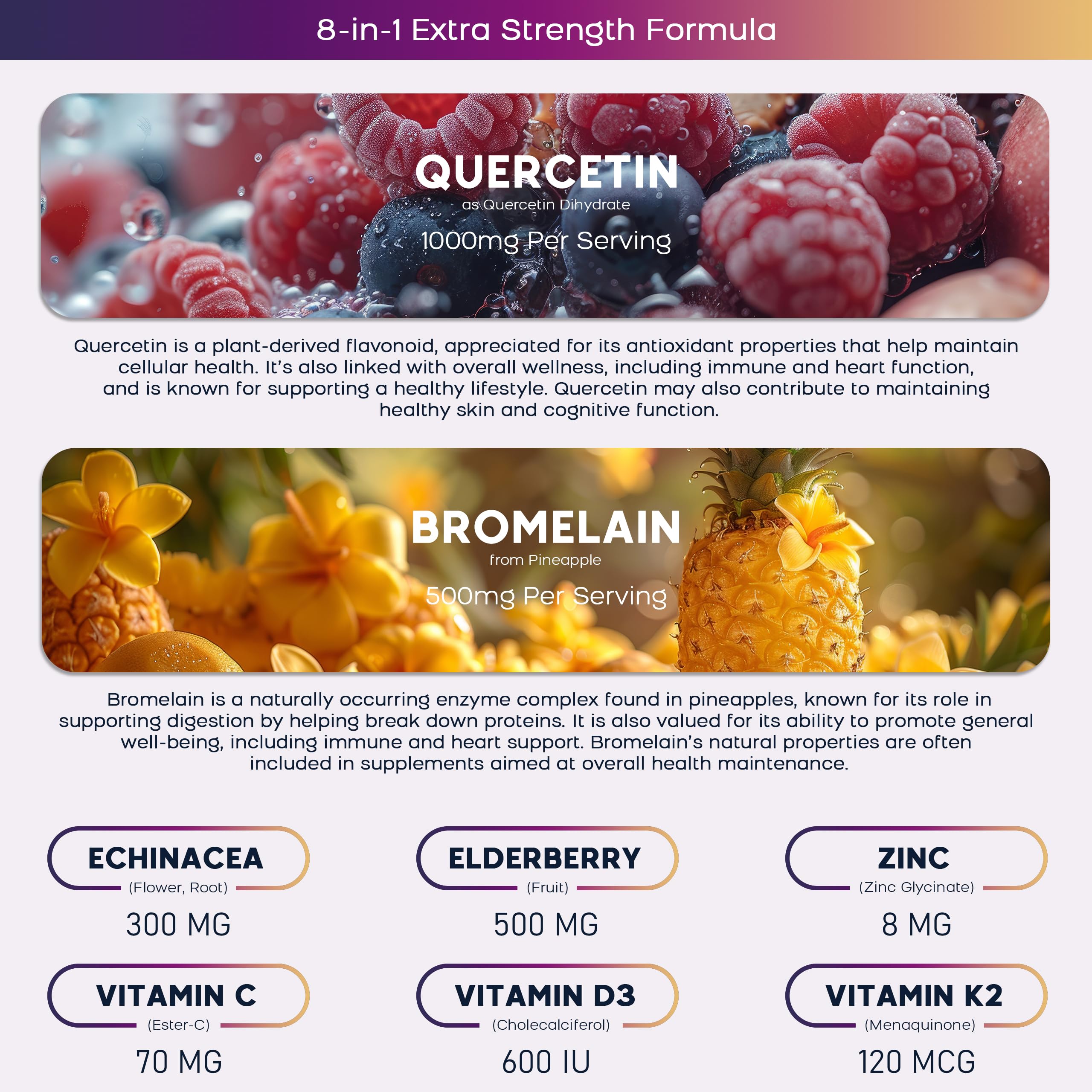 (2 Pack) Quercetin Gummies with Bromelain Zinc Elderberry Vitamin C D3 K2, Quercetin 1000mg Supplement with Bromelain 500mg for Cardiovascular, Immune System & Allergy, Vegan Gummy for Adult & Kid