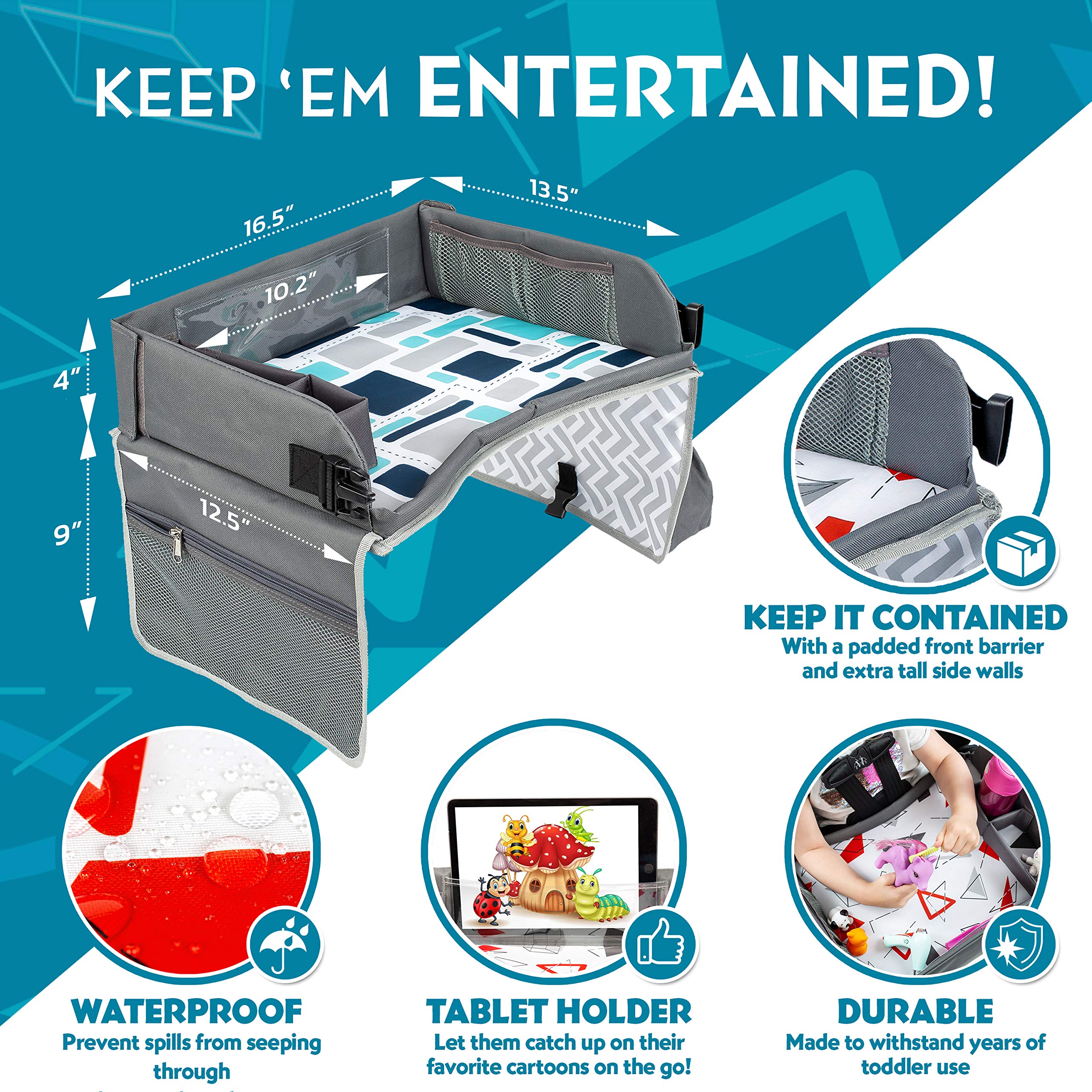 Kenley Kids Travel Tray, Toddler Car Seat Lap Tray, Road Trip Essentials Activity Table (Blue/Gray)