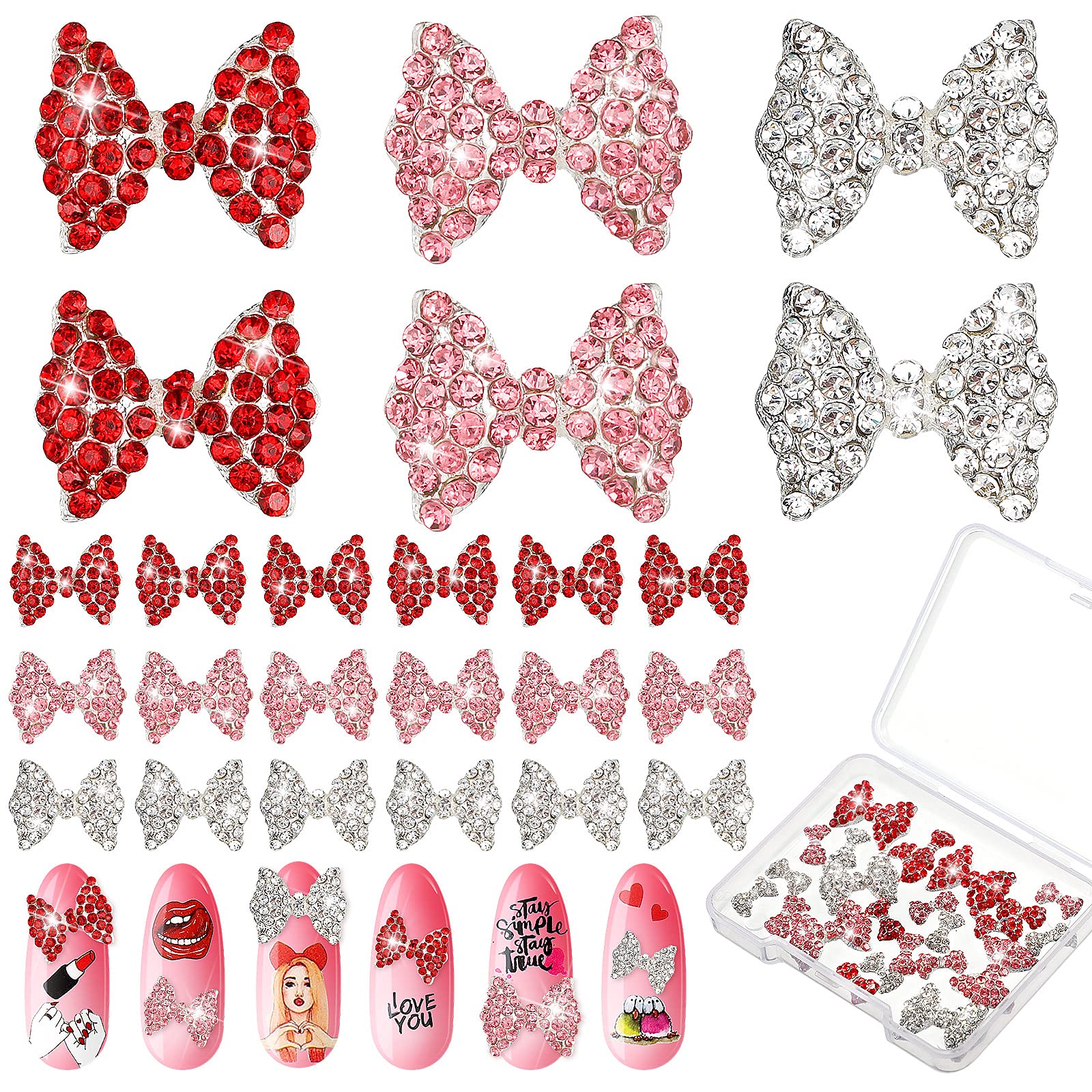 24 Pieces 3D Bows Nail Art Charms Rhinestones Bows Charms Pearl Bowknot Nail Accessory 3D Alloy Nail Art Decoration for Women Girls Nail Salon DIY Nail Decorations (Red, Gold, Rose Red)