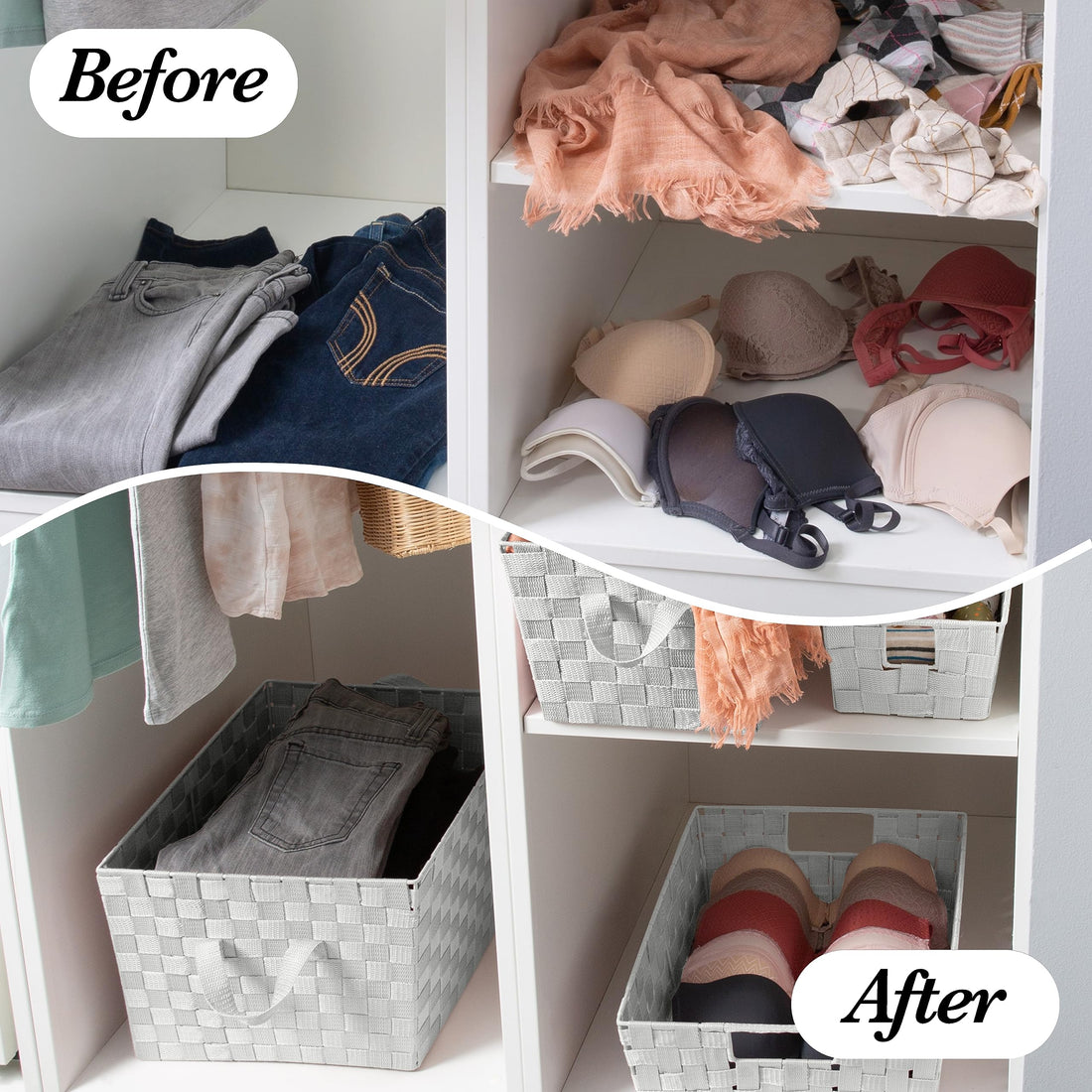 Simplify Large Shelf Woven Strap Tote | Decorative Storage Basket | Built in Handles | Organization | Closet | Bedroom | Bathroom | Nursery | Accessories | Toys | Gifts | 1 Pack | Heather Grey