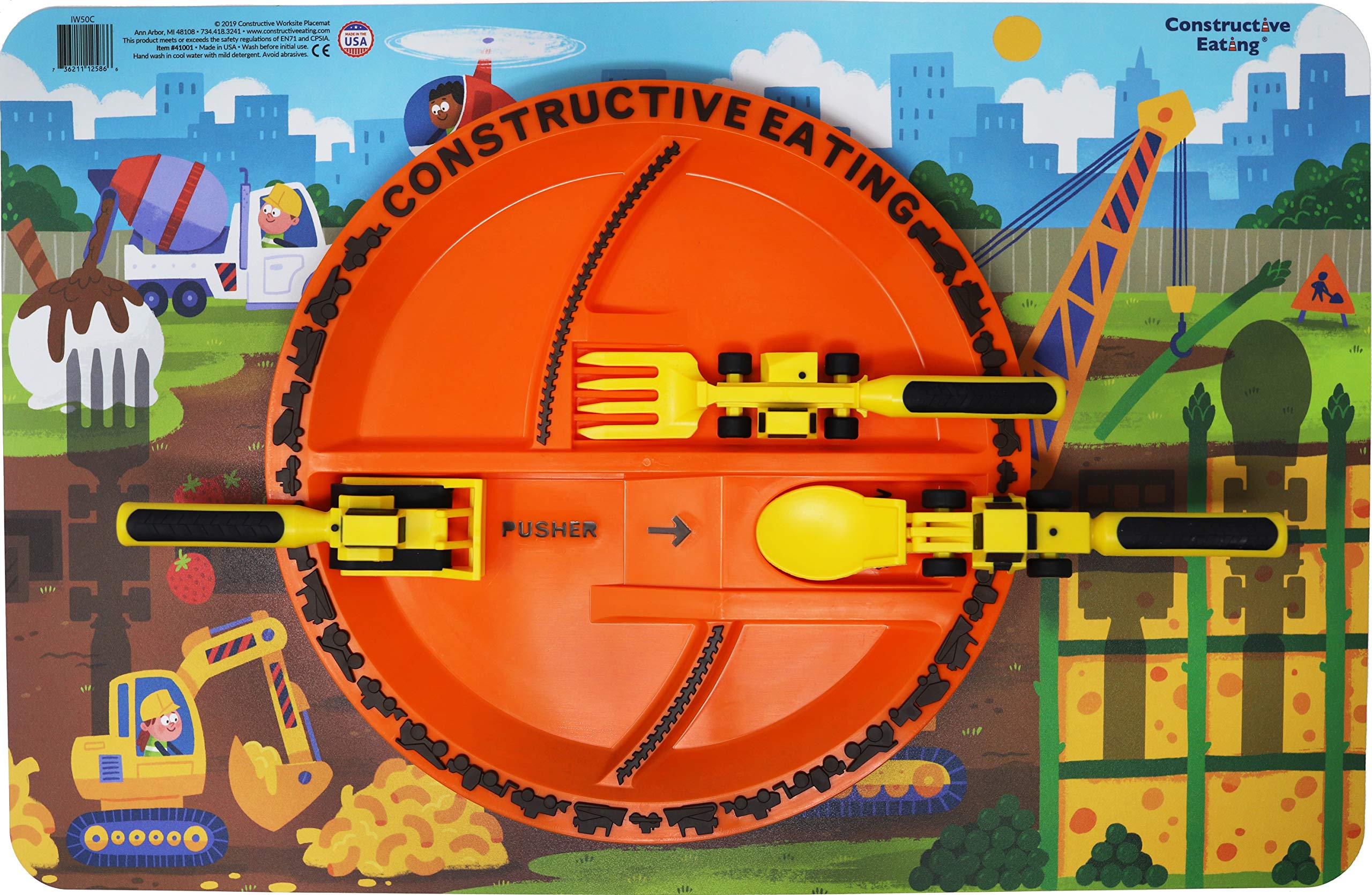 Constructive Eating Made in USA Toddler Dining Set: Kids Placemats for Dining Table with Plate & Utensils, Perfect Toddler Gifts for 2 Year Old, Toddler Forks and Spoons for Picky Eater (Construction)