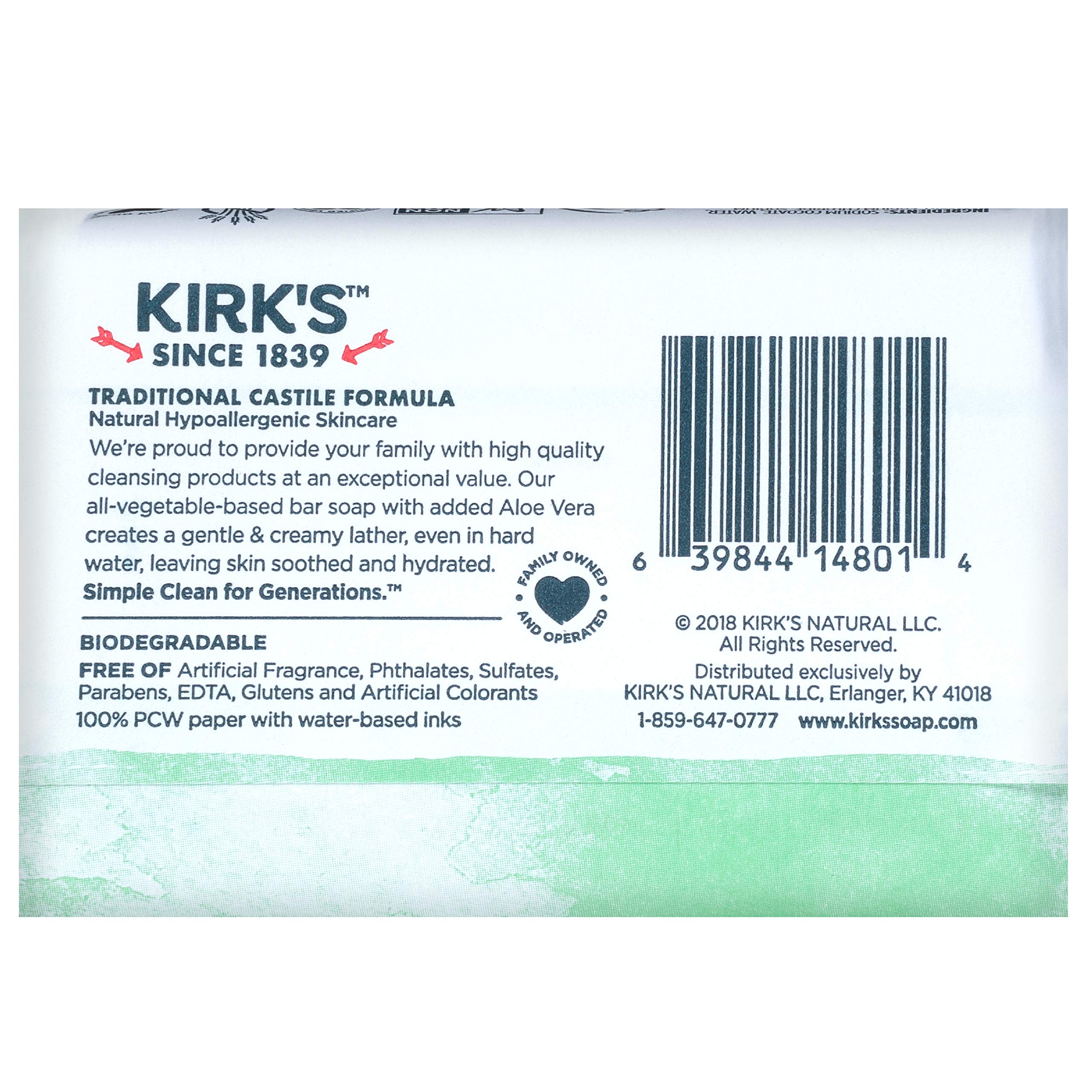 Kirk's Original Coco Castile Bar Soap Soothing Aloe Vera 4 Ounces (Pack of 2)
