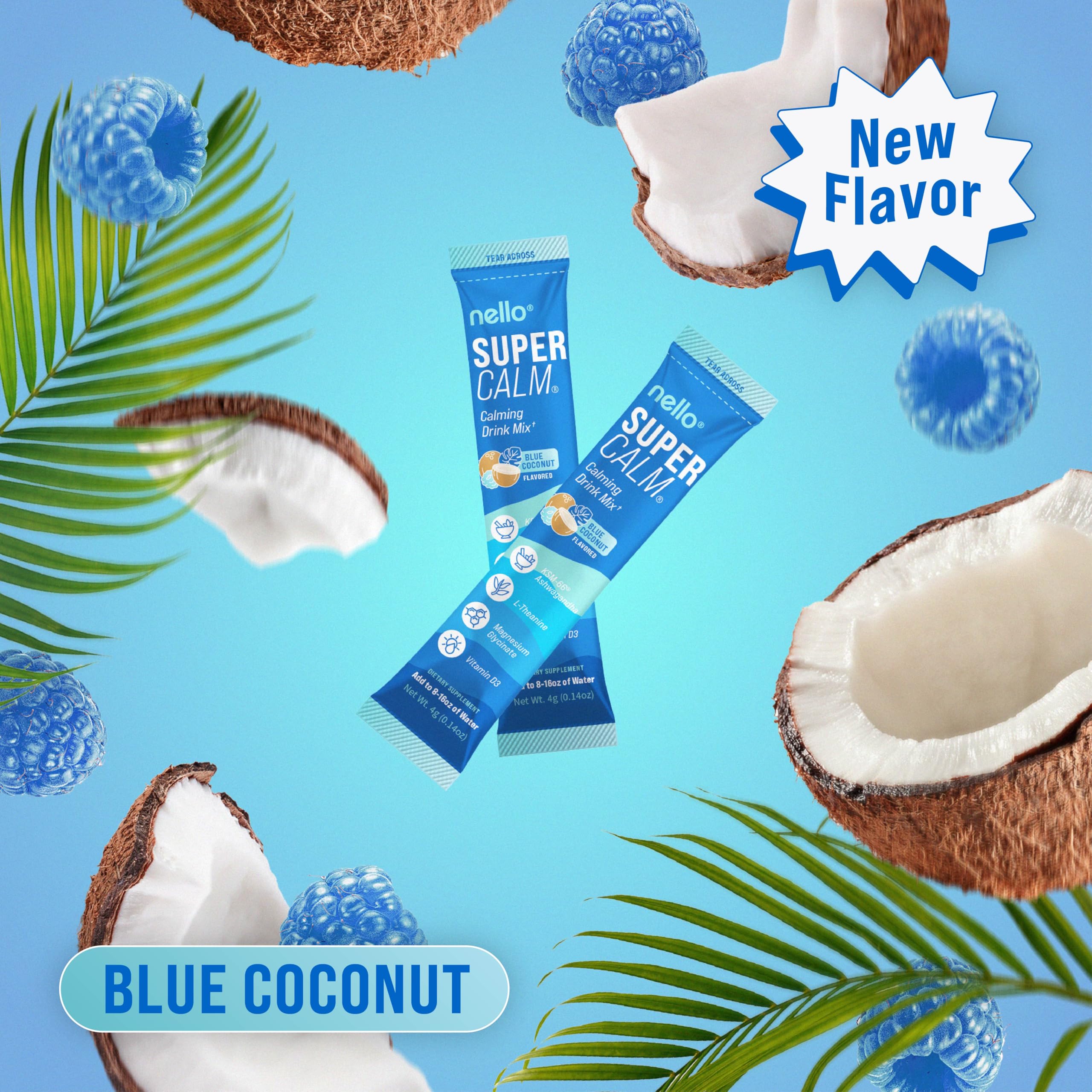 Nello Supercalm Powdered Drink Mix, Blue Coconut, L Theanine, Ksm-66 Ashwagandha, Magnesium Glycinate, Vitamin D 3, Supplements for Relaxation & Focus, No Sugar, Non GMO, On The Go, 20 Srvgs