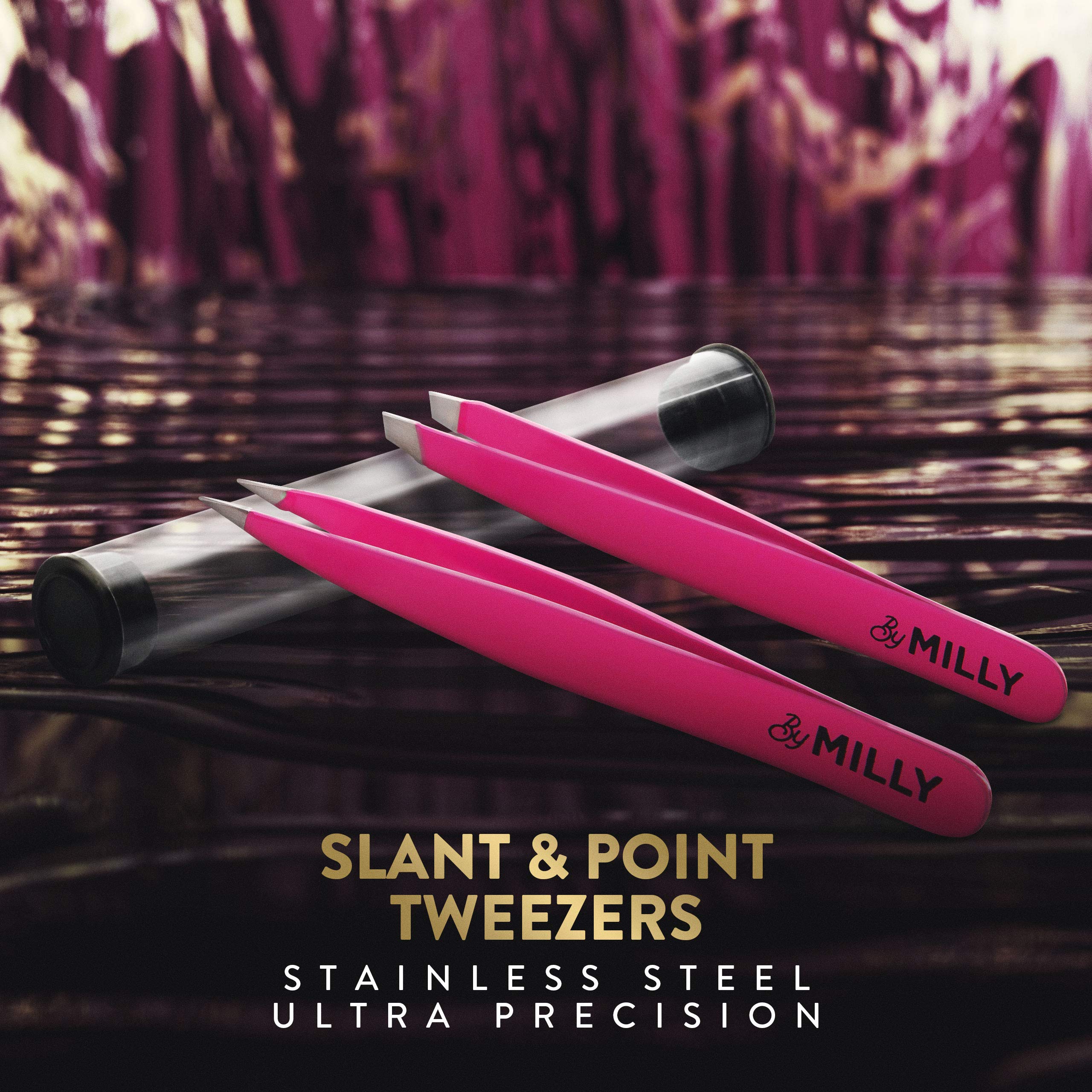 Precision Tweezers | Slant and Pointed | Tweezers for Eyebrows and Ingrown Hair | Tweezers Set | Perfectly Aligned Hand-Filed Tips For Ultra Precision | Effortless Plucking | For Men and Women | Pink