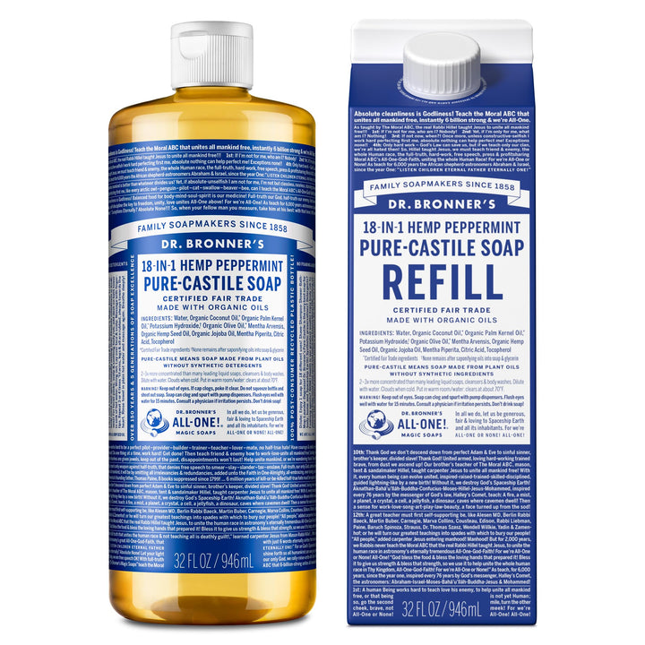 Dr. Bronner's Pure-Castile Liquid Soap Bottle & Refill Carton - Made with Regenerative Organic Certified Oils, 82% Less Plastic-18-in-1 Uses for Face, Body Wash, Hand Soap Refill- Peppermint, 32oz