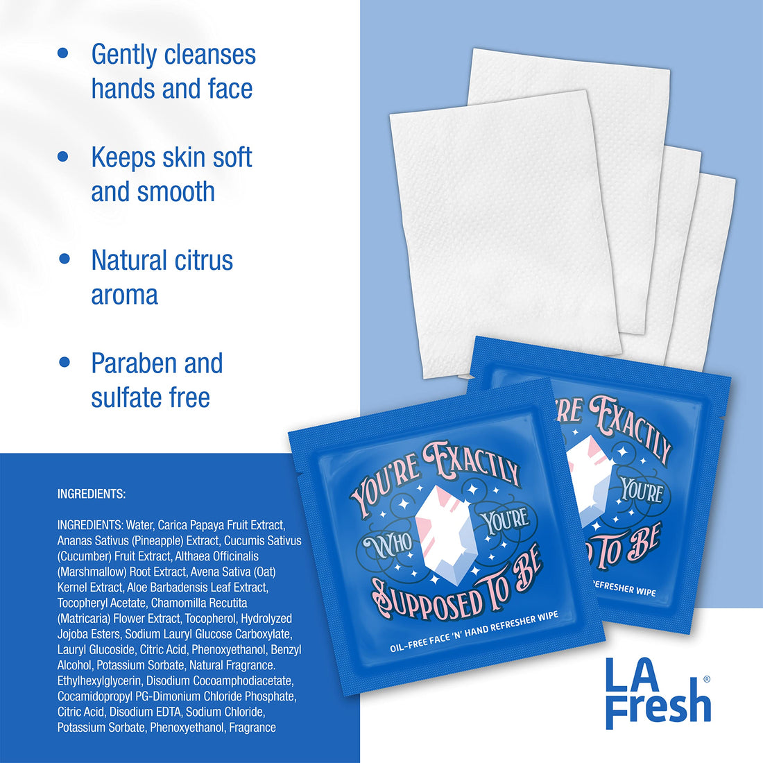 LA Fresh Oil Free 99.25% Natural Face and Hand Refreshing Wipes for travel or everyday in your purse, individually sealed wrapper, With Natural Japanese Yuzu Scent - Pack of 50