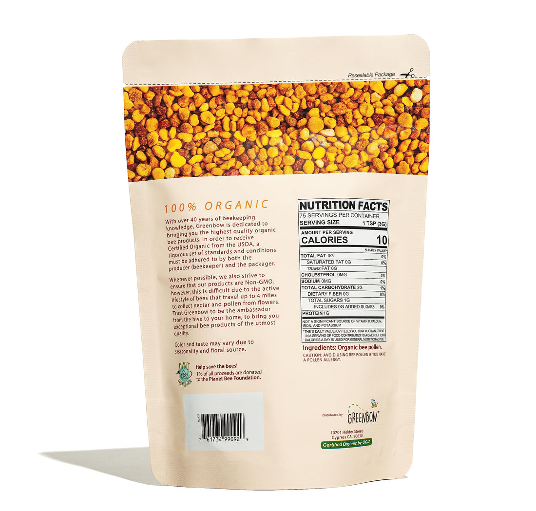 Greenbow Organic Bee Pollen - 100% USDA Certified Organic, Non-GMO, Pure, & Natural Bee Pollen - Superfood Packed w/Proteins, Vitamins & Minerals (8oz)