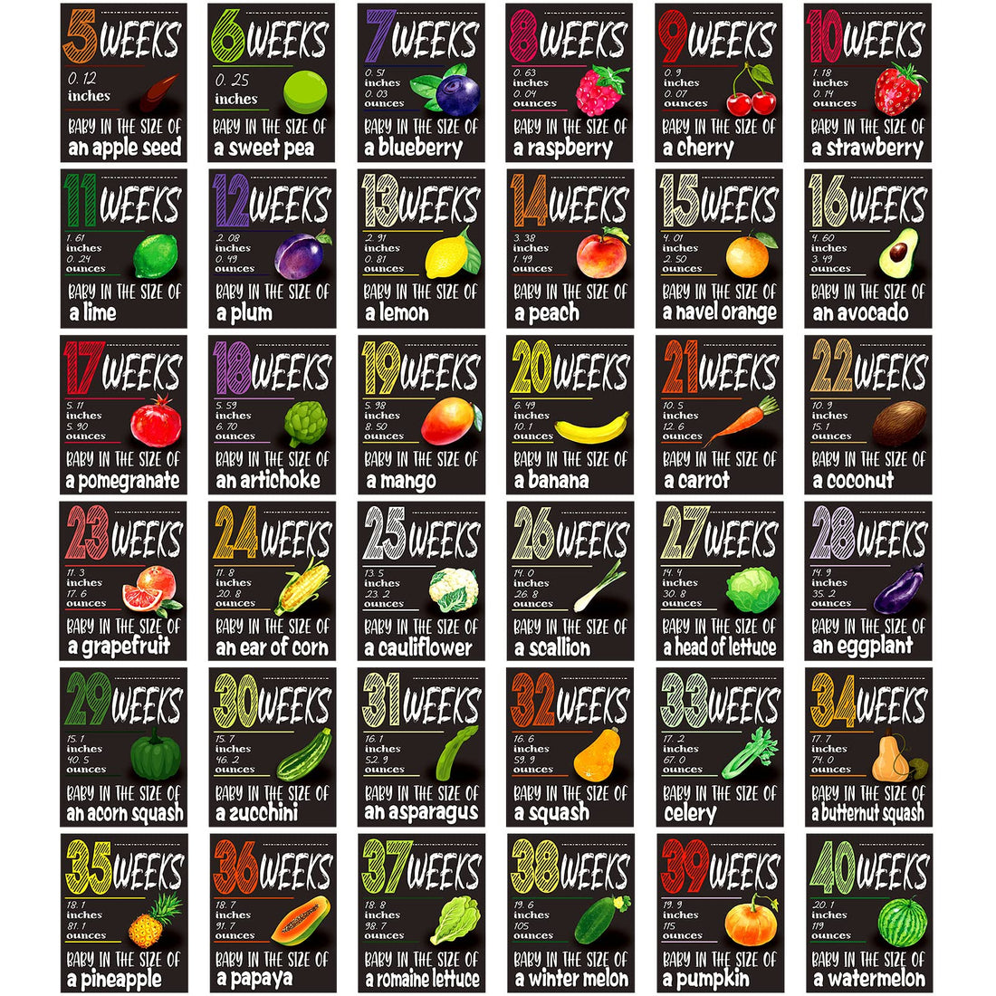 Geyee Pregnancy Sign 5 to 40 Weeks Weekly Milestone Belly Bump Tracker Pregnancy Milestone Cards Countdown Chalkboard Calendar Card Weekly Baby Size Photo Prop Gift for Pregnant Women Mom