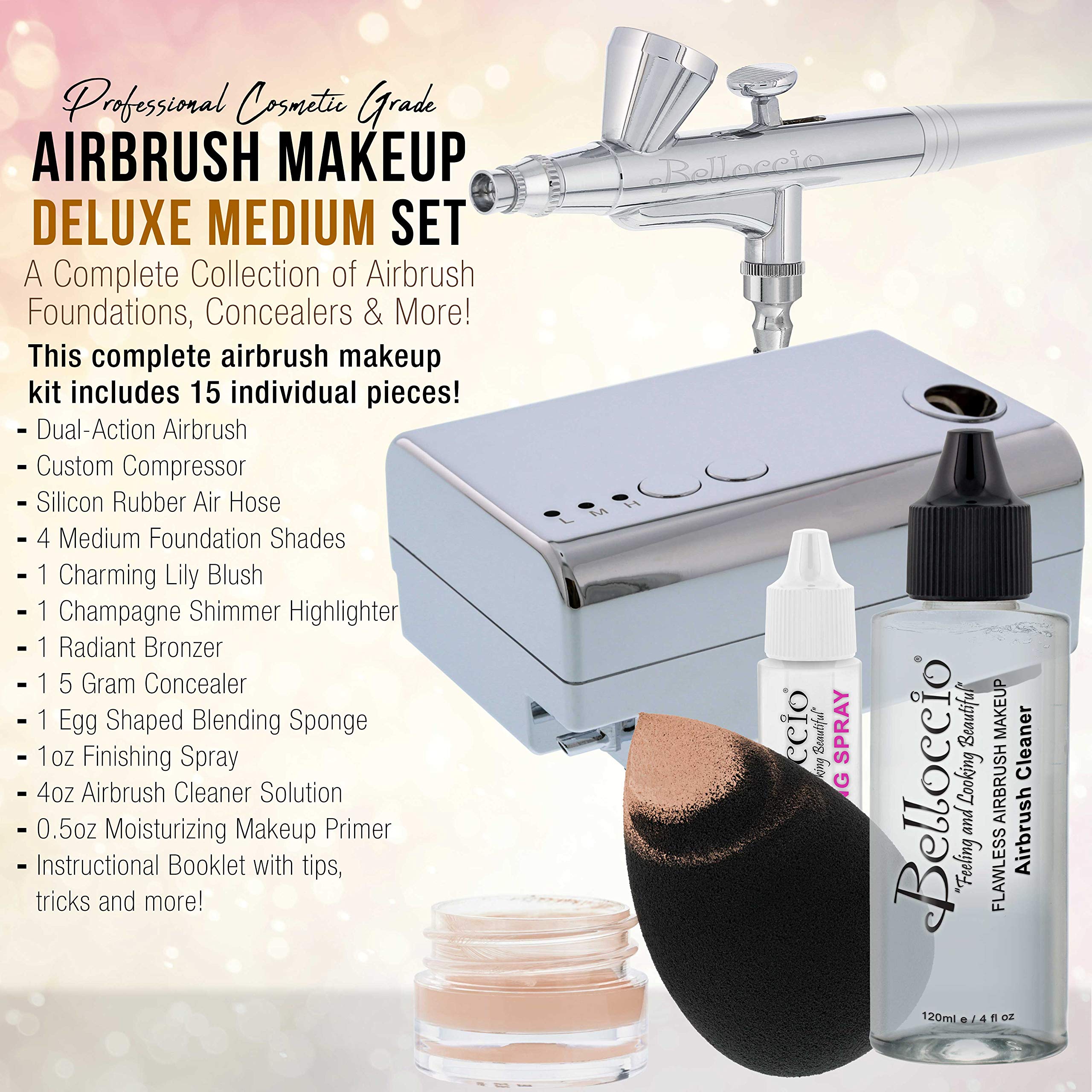 Belloccio Professional Beauty Deluxe Airbrush Cosmetic Makeup System with 4 Medium Shades of Foundation in 1/2 oz Bottles - Kit includes Blush, Bronzer and Highlighter and 3 Free Bonus Items and a DVD