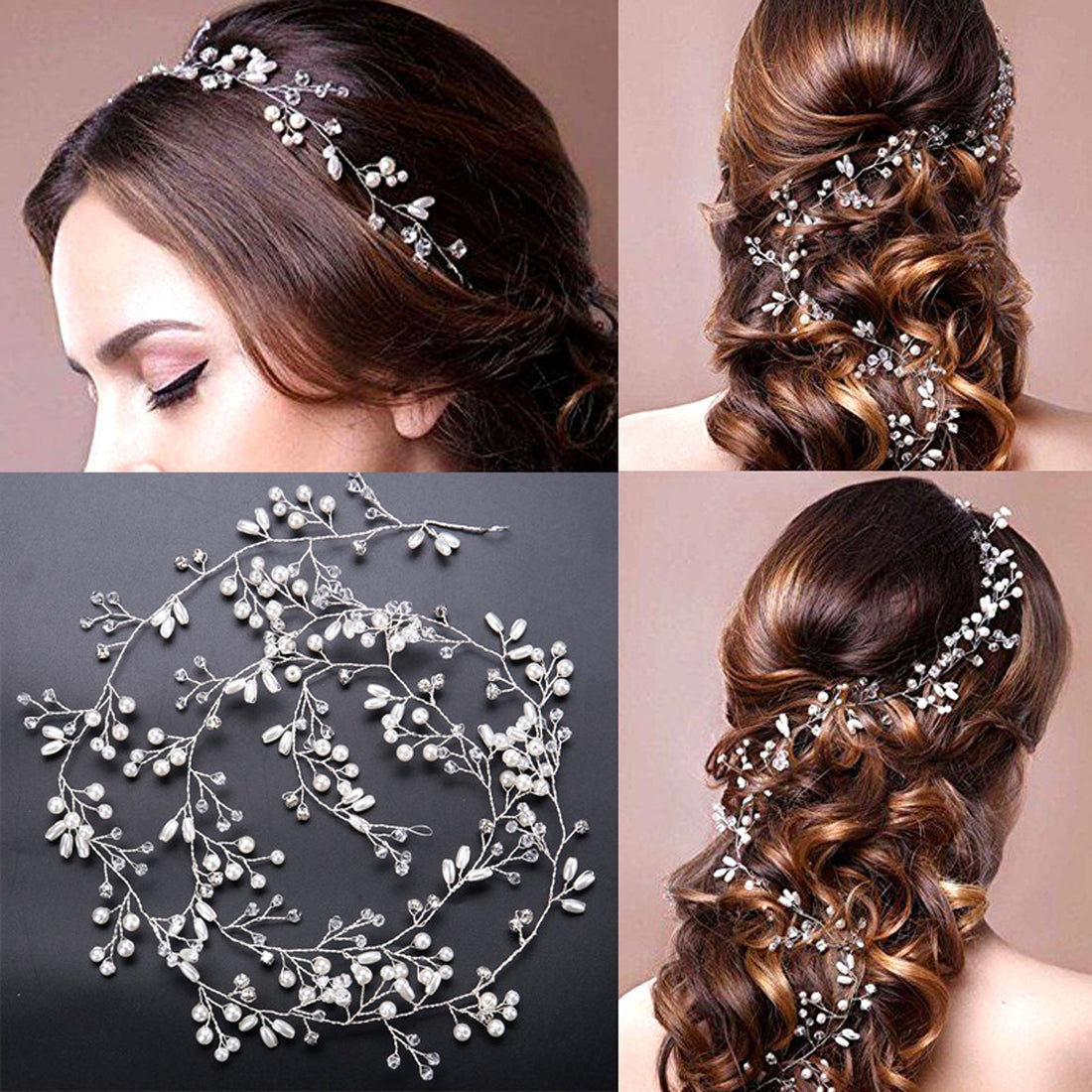Wedding Bridal Headband Headpieces - Total Length 19.7 inches - Bridesmaid and Flowergirls Crystals Pearls Hair Vine Headwear Accessories for Women Lady Girls (Gold)