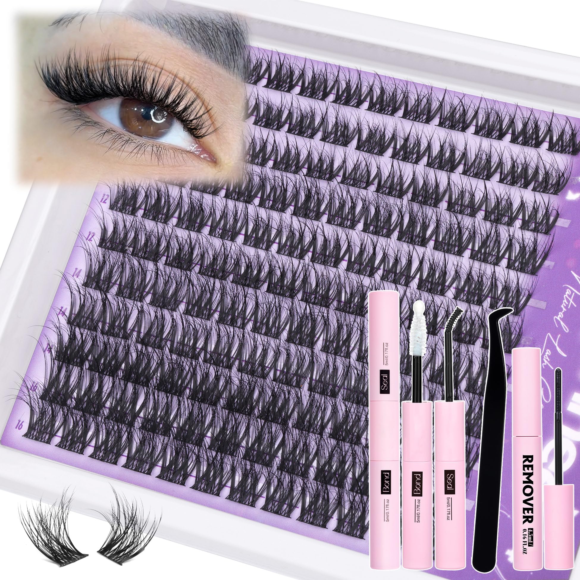 Mavphnee Lash Clusters Kit Feathery Eyelash Extensions Kit LC-Curly Natural Cluster Lashes Kit Wispy Individual Lash Extensions Kit with Waterproof Lash Bond and Seal and Remover and Tweezers