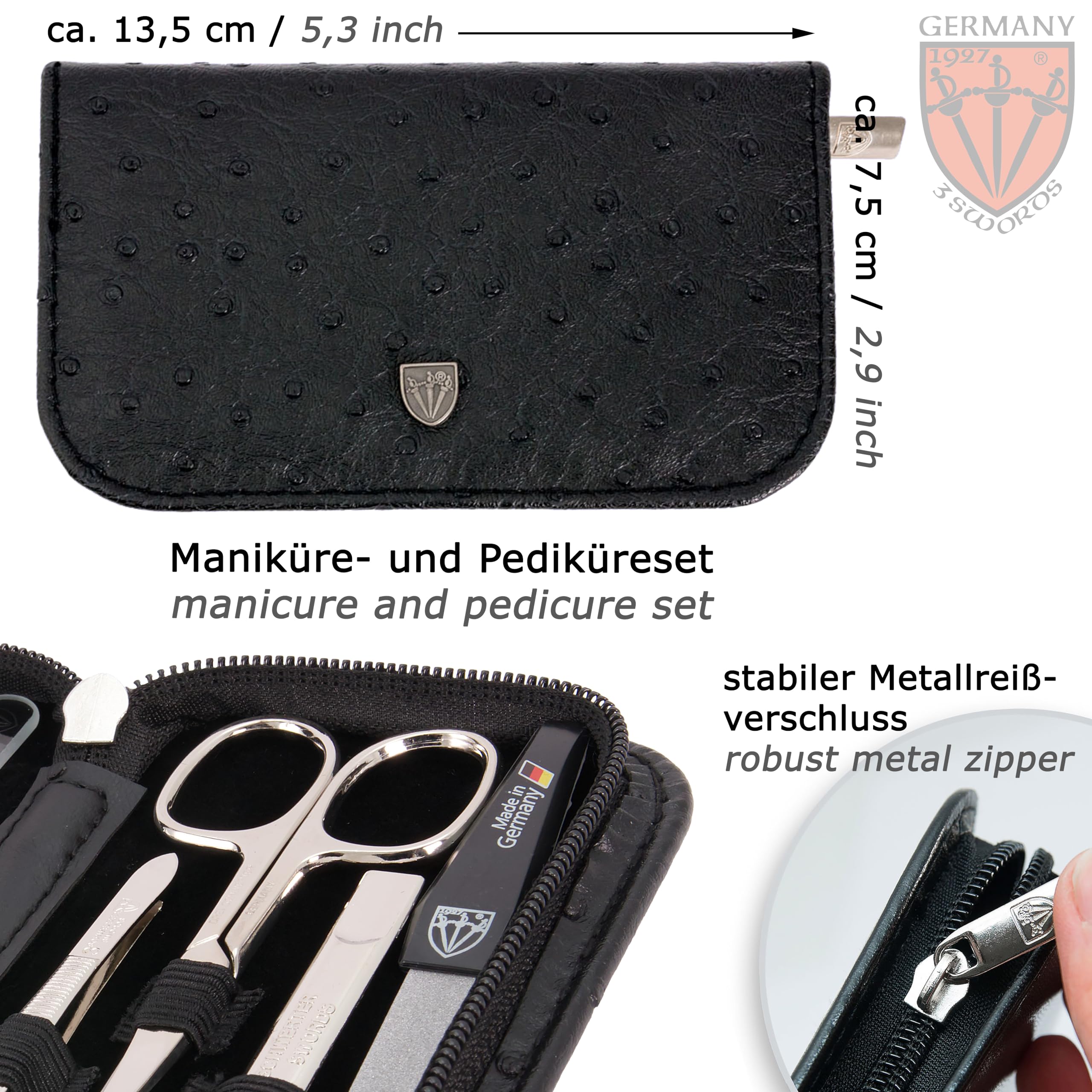 THREE SWORDS - Exclusive 8-Piece MANICURE - PEDICURE - GROOMING - NAIL CARE set / kit / case - Made in Solingen / Germany (522009)