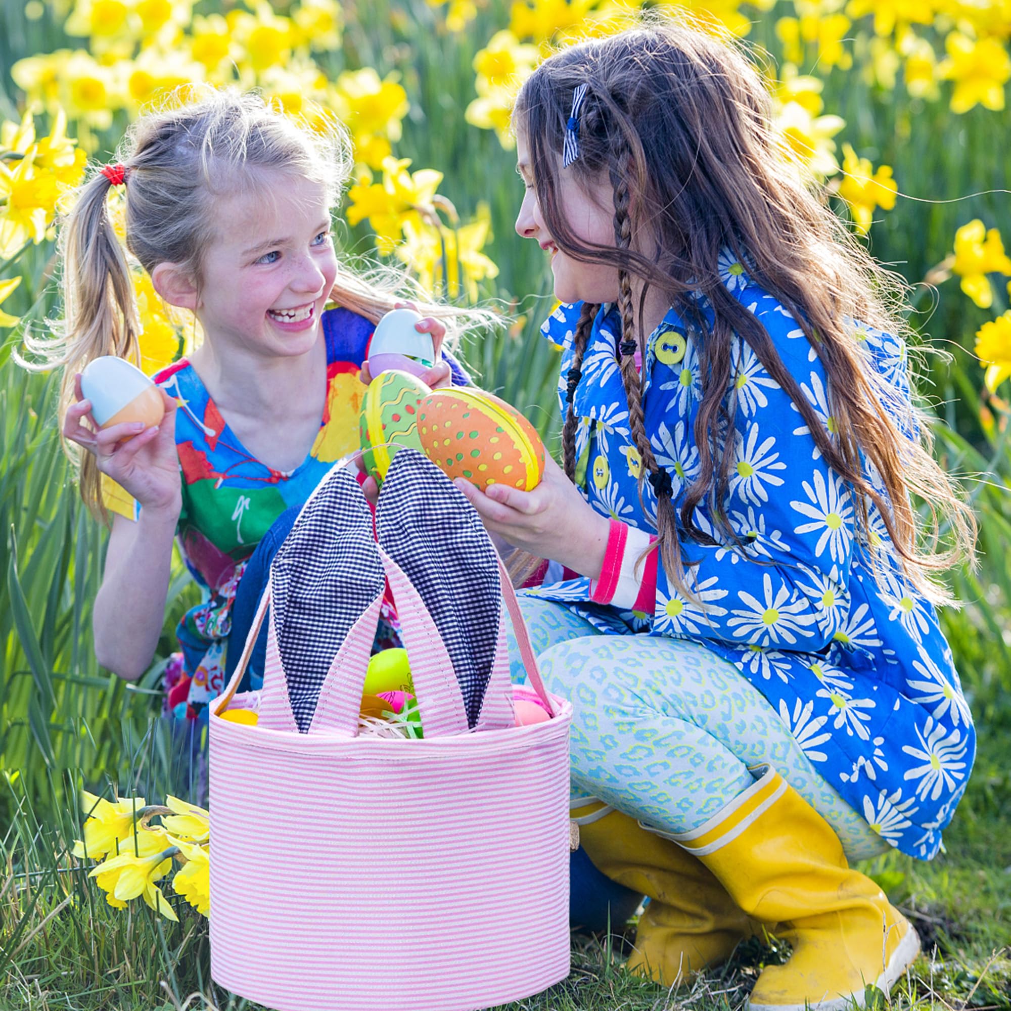 Easter Bunny Basket Seersucker Egg Bags for Kids,Personalized Candy Egg Basket Rabbit Print Buckets with Fluffy Tail Gifts Bags for Easter(Seersucker Pink)……