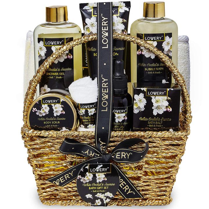 Bath and Body Gift Basket for Women and Men â‚¬â€œ Orchid and Jasmine Home Spa Set With Body Scrubs, Oils, Gels and More - 9 Piece Set