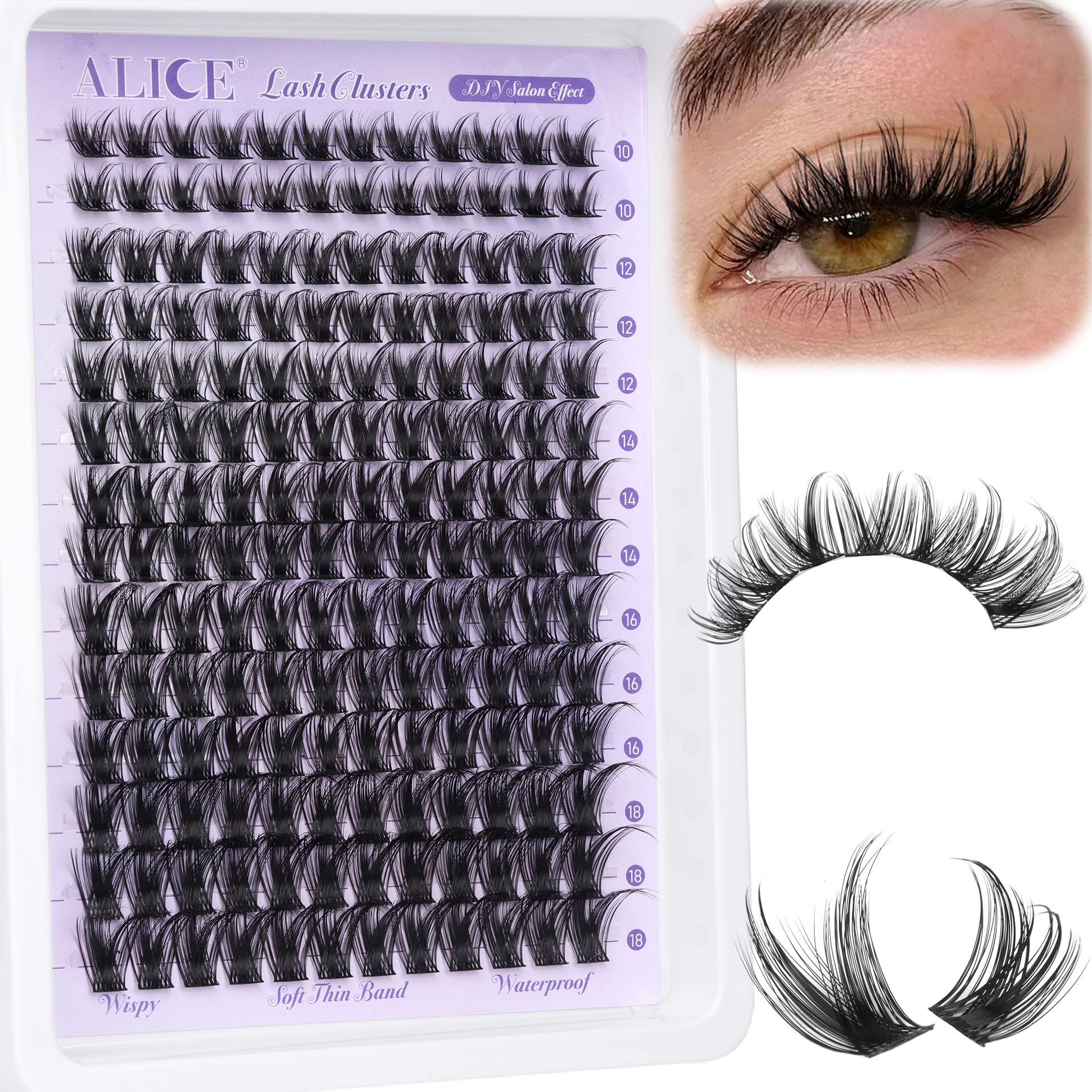 ALICE Lash Clusters Wispy Eyelash Clusters 168pcs 10-18mm Cluster Eyelash Extensions Natural Volume Lash Extensions DIY Individual Lashes Clusters with Soft Thin Band