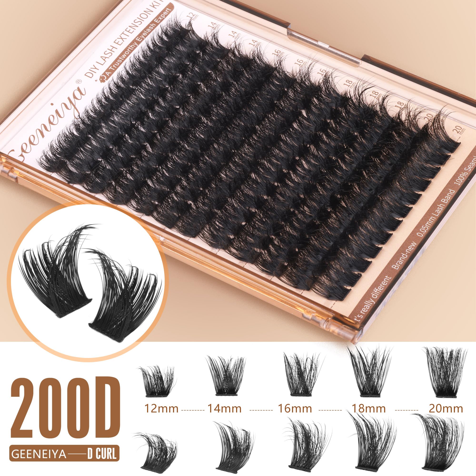 Geeneiya Lash Clusters 200D Full Eyelash Clusters 10-20mm Thick D Curvature Lash Extension Wispy Cluster Eyelash Extensions DIY Individual Eyelashes for Beginners