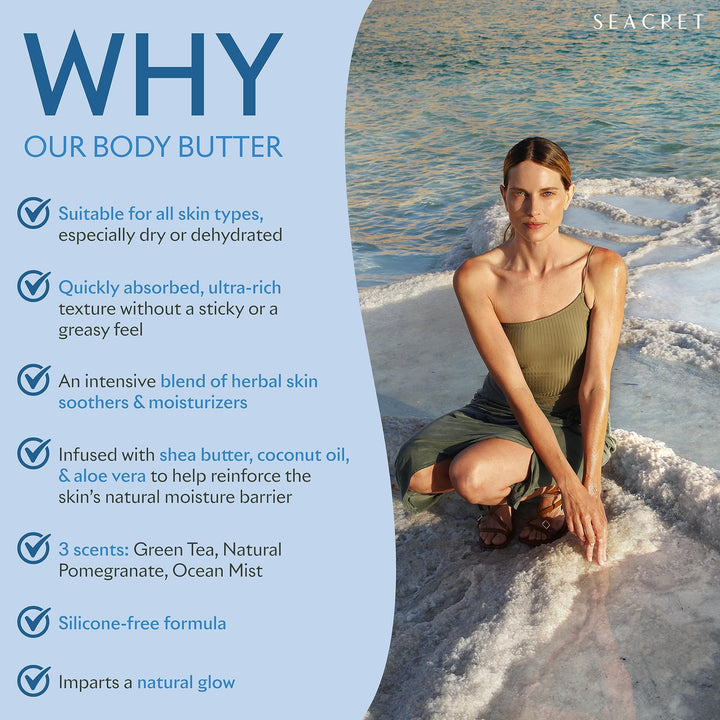 SEACRET OCEAN MIST BODY BUTTER: Hydrating Body Moisturizer Cream with Shea and Cocoa Butter, Vitamins E & C, and Dead Sea Minerals for All Skin Types, 8.5 FL. OZ, Ocean Mist