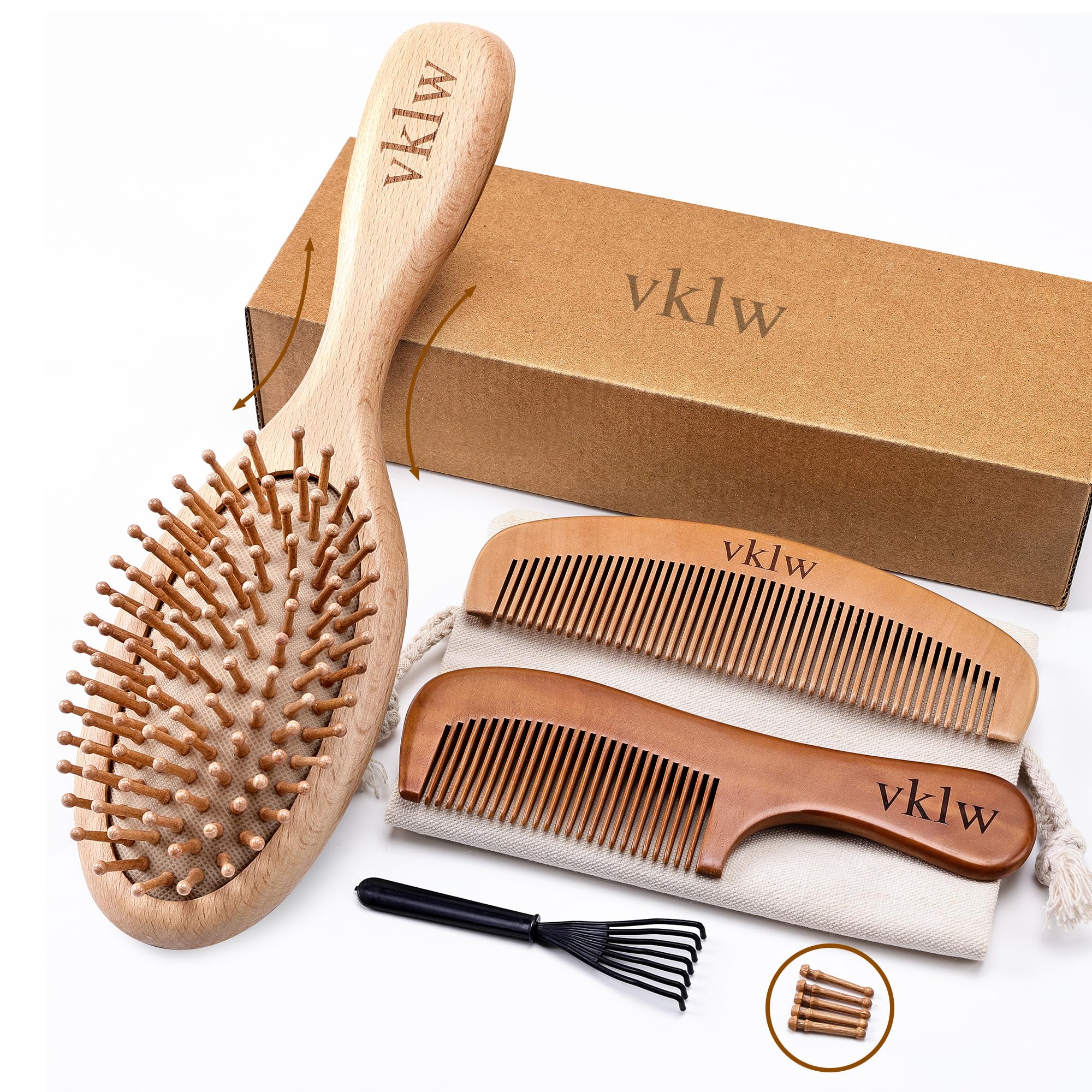 Vklw Natural Wood Hair Brush With Wooden Bristles, Massage Scalp Comb And Peach Wood Beard Comb For Men And Women 3 Pcs