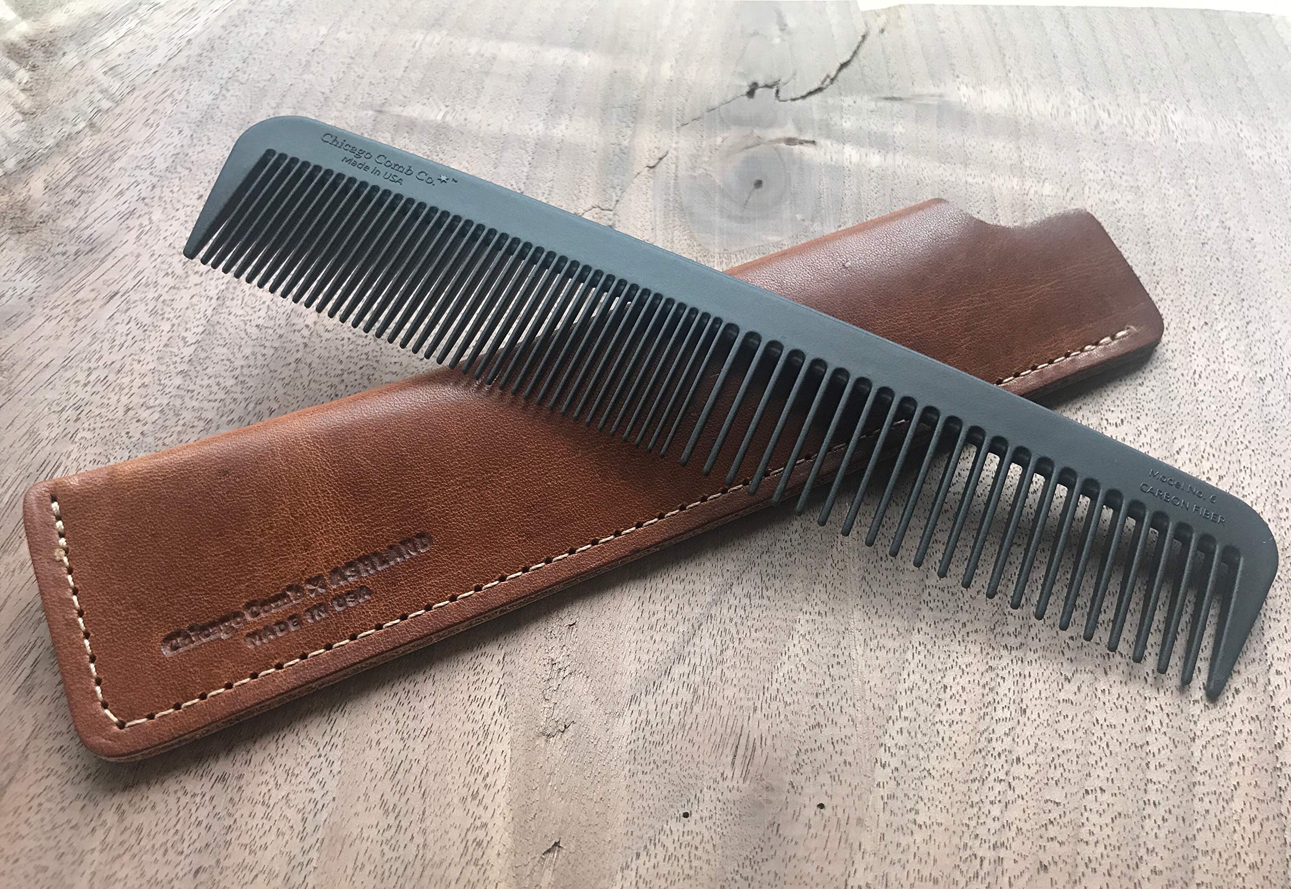 Chicago Comb Model 6 Carbon Fiber Comb + English Tan Horween leather sheath, Made in USA, ultimate styling comb, for men & women, ultra smooth strong & light, anti-static, premium leather sheath
