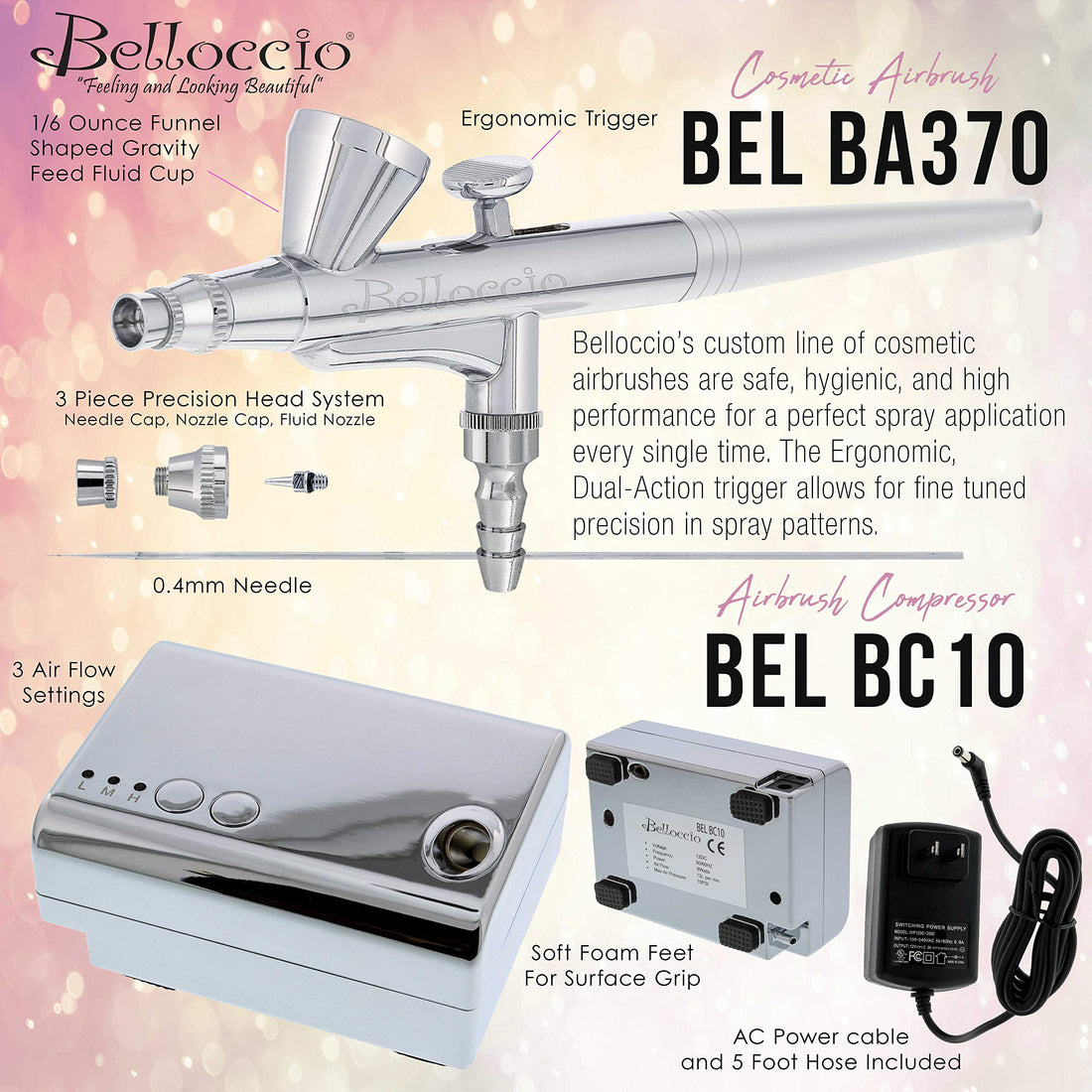 Belloccio Professional Beauty Deluxe Airbrush Cosmetic Makeup System with 4 Medium Shades of Foundation in 1/2 oz Bottles - Kit includes Blush, Bronzer and Highlighter and 3 Free Bonus Items and a DVD