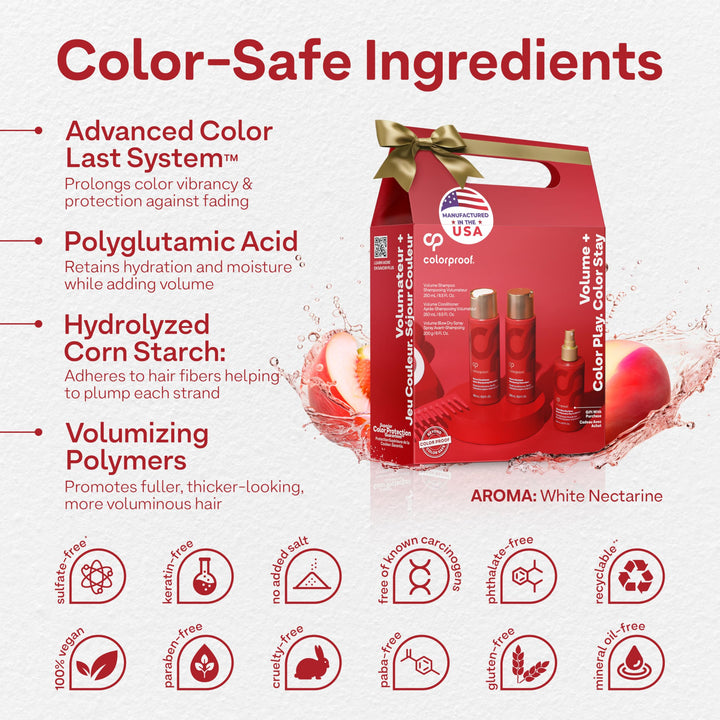 Colorproof Volume Holiday Gift Set — Volume Shampoo (8.5 Fl. Oz.), Volume Conditioner (8.5 Fl. Oz.), and Volume Blow Dry Spray Primer (6 Fl. Oz.) — White Nectarine Scent