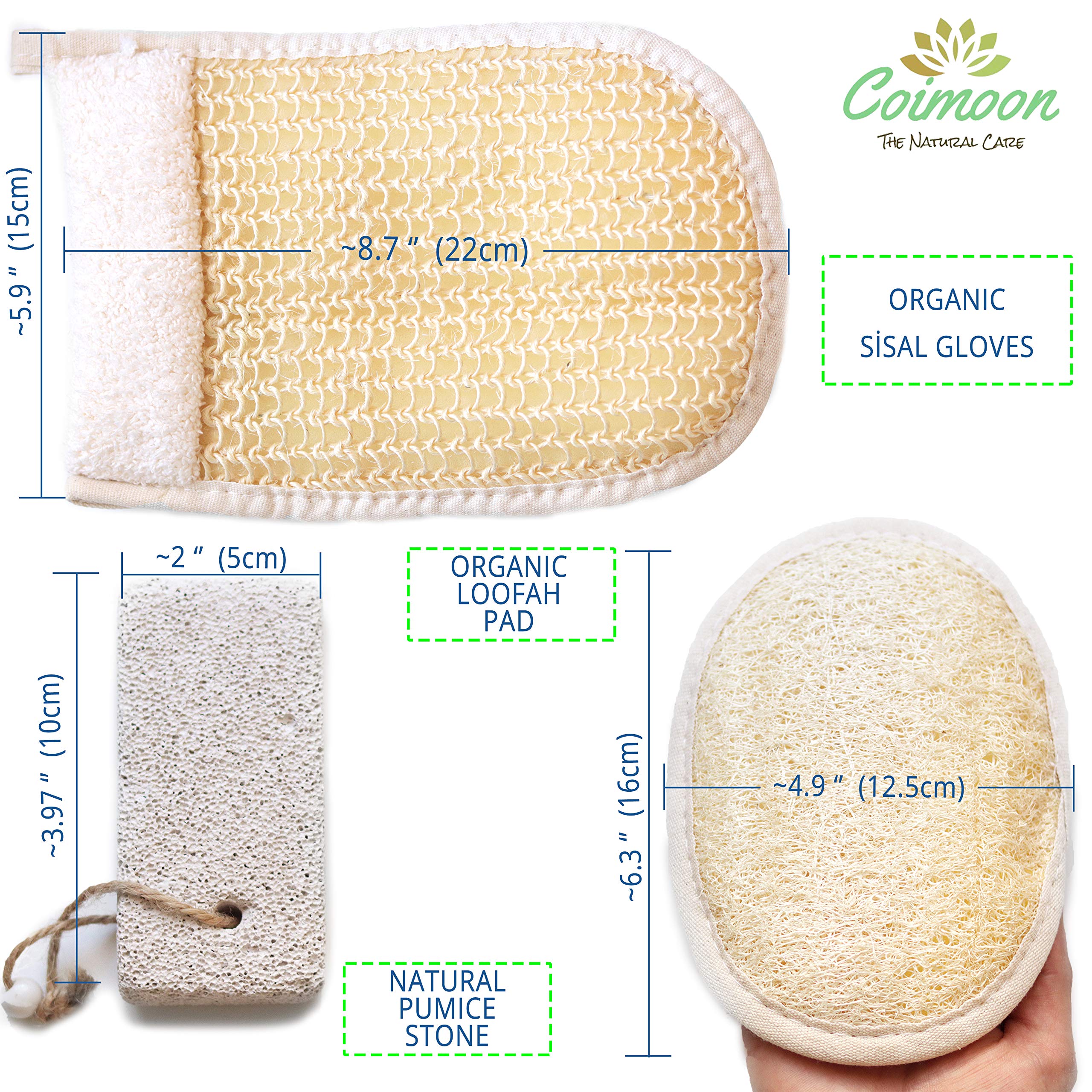 Coimoon Set (Made in Europe)- Exfoliating Organic Loofah Face Pads And Shower Sponge with Natural Pumice Stone, Loofa, Puff Sponge Scrubber Body For Men and Women (3 Piece Set, Natural)
