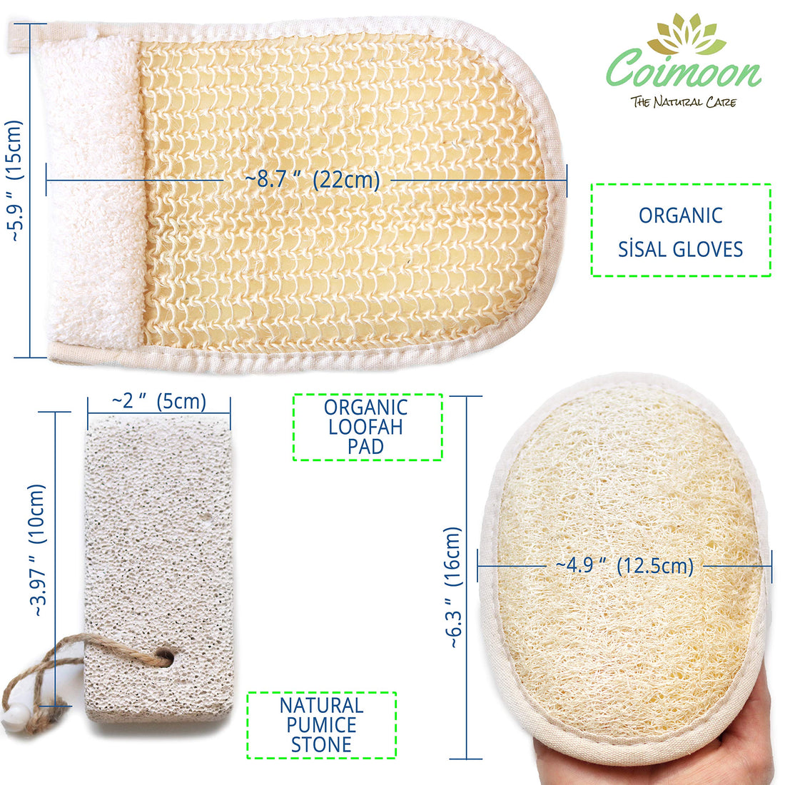 Coimoon Set (Made in Europe)- Exfoliating Organic Loofah Face Pads And Shower Sponge with Natural Pumice Stone, Loofa, Puff Sponge Scrubber Body For Men and Women (3 Piece Set, Natural)