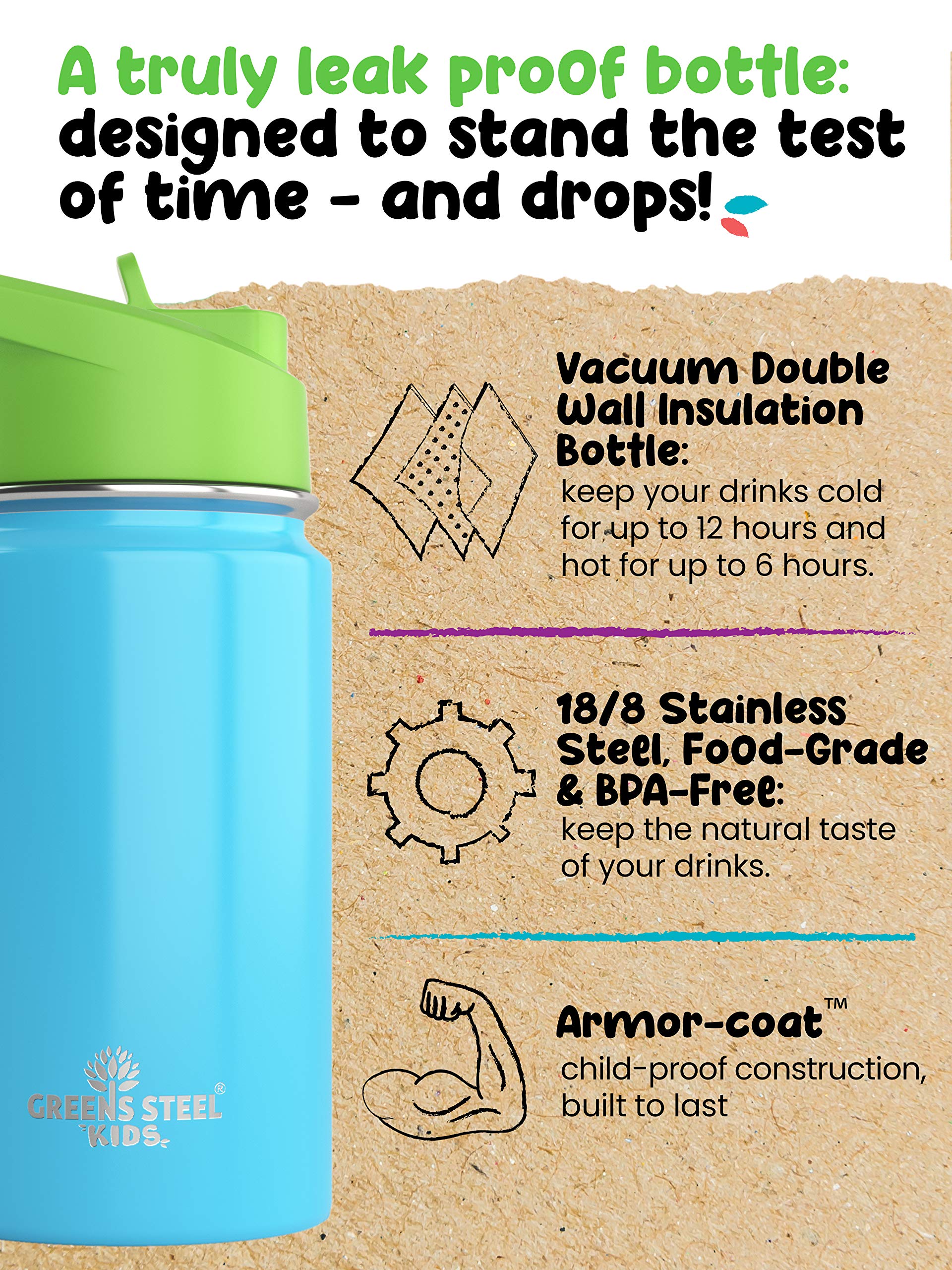 Kids Water Bottle - 12oz Blue | Leak Proof With Straw & Handle | 24 Hours Cold | Insulated, Double Wall Stainless Steel | Easy Sip Toddler Cup | Child's Flask | Eco Friendly