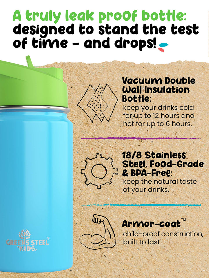 Kids Water Bottle - 12oz Blue | Leak Proof With Straw & Handle | 24 Hours Cold | Insulated, Double Wall Stainless Steel | Easy Sip Toddler Cup | Child's Flask | Eco Friendly