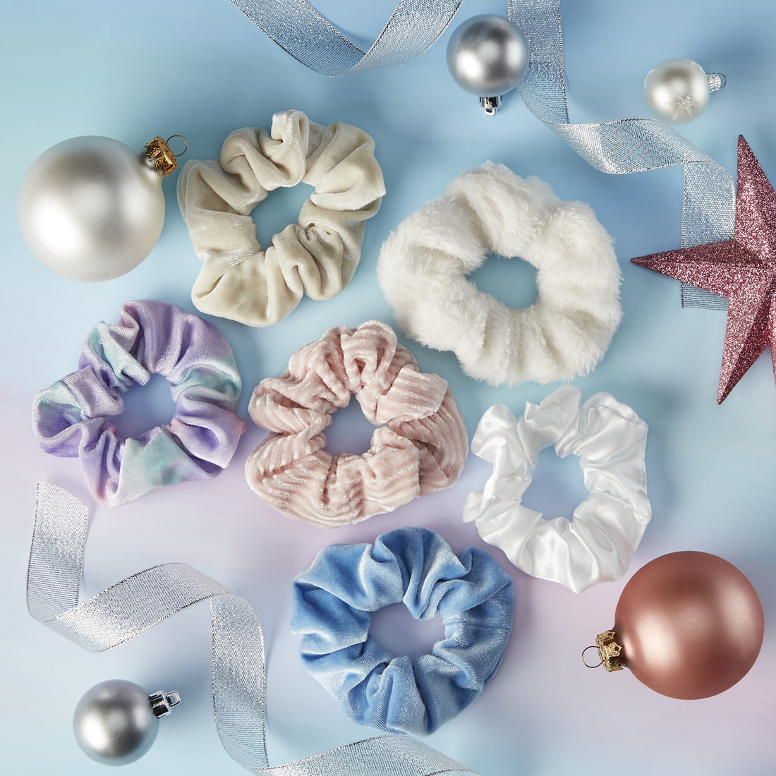 The Original ScrunchieÃ‚® Girls Fashion Gift Set Includes 6 Unique Designs: Pastel Rainbow Velvet, Cream Velour, Pink Velvet, White Faux Fur, Blue Velour, White Satin in Presentation Box