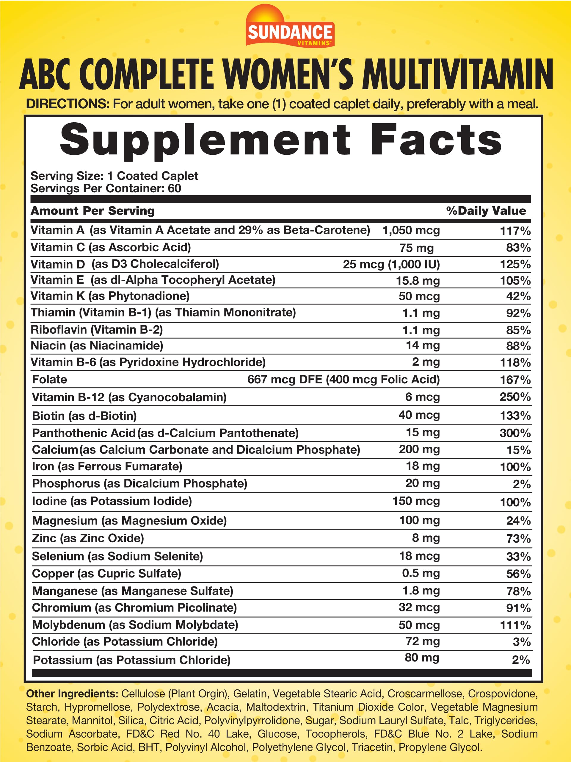 Sundance Women's ABC Complete Multivitamin | 60 Caplets | with Mineral Formula | Non-GMO and Gluten Free Supplement