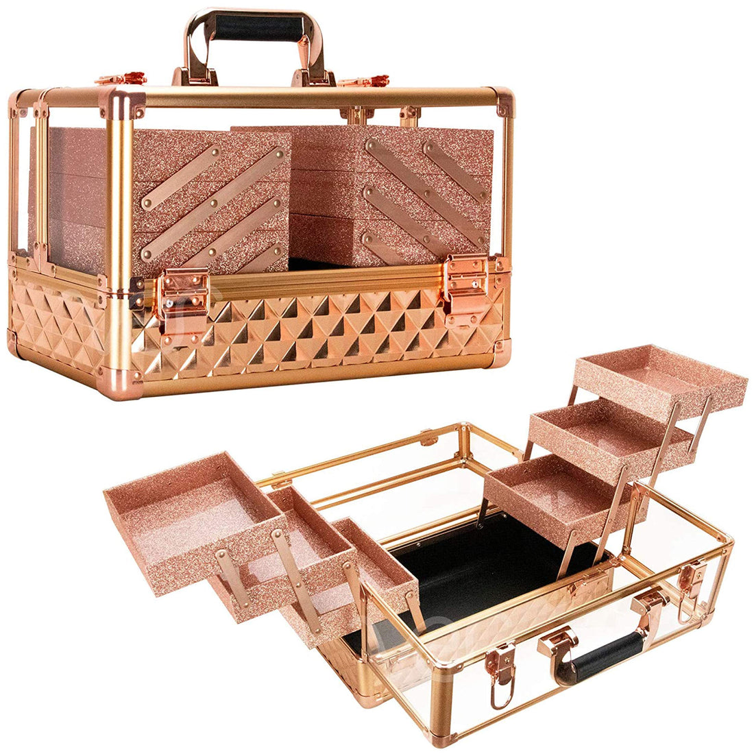 Ver Beauty 3.8mm armored acrylic makeup case jewelry portable travel organizer with 6 extendable trays clear cover micro-fiber cloth brush holders keylocks - vp016, Rose Gold Diamond