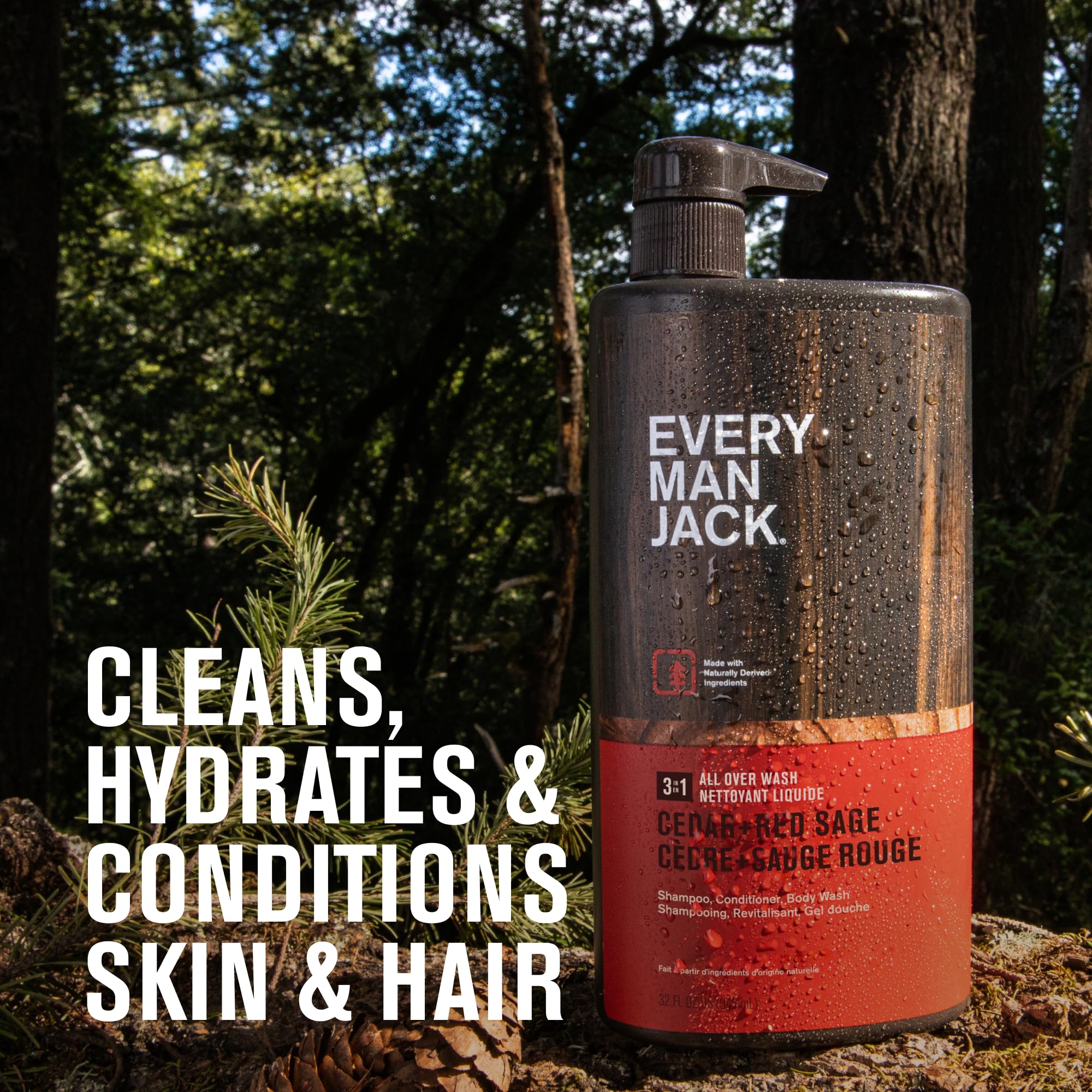 Every Man Jack Cedar + Red Sage Hydrating Mens 3-in-1 All Over Wash for All Skin and Hair Types - Body Wash, Shampoo and Conditioner with Naturally Derived Ingredients - 28.8oz (2 Pack)
