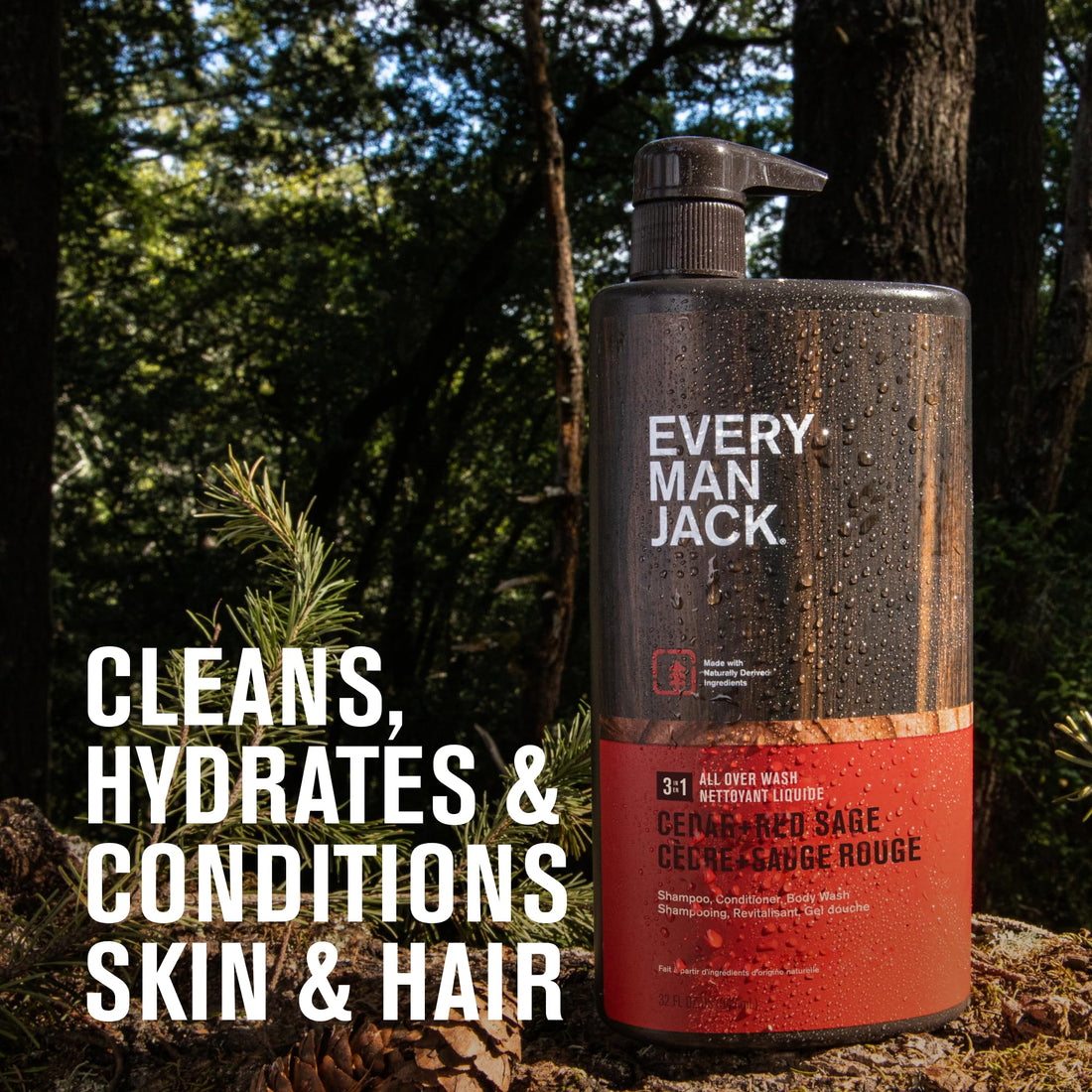 Every Man Jack Cedar + Red Sage Hydrating Mens 3-in-1 All Over Wash for All Skin and Hair Types - Body Wash, Shampoo and Conditioner with Naturally Derived Ingredients - 28.8oz (2 Pack)