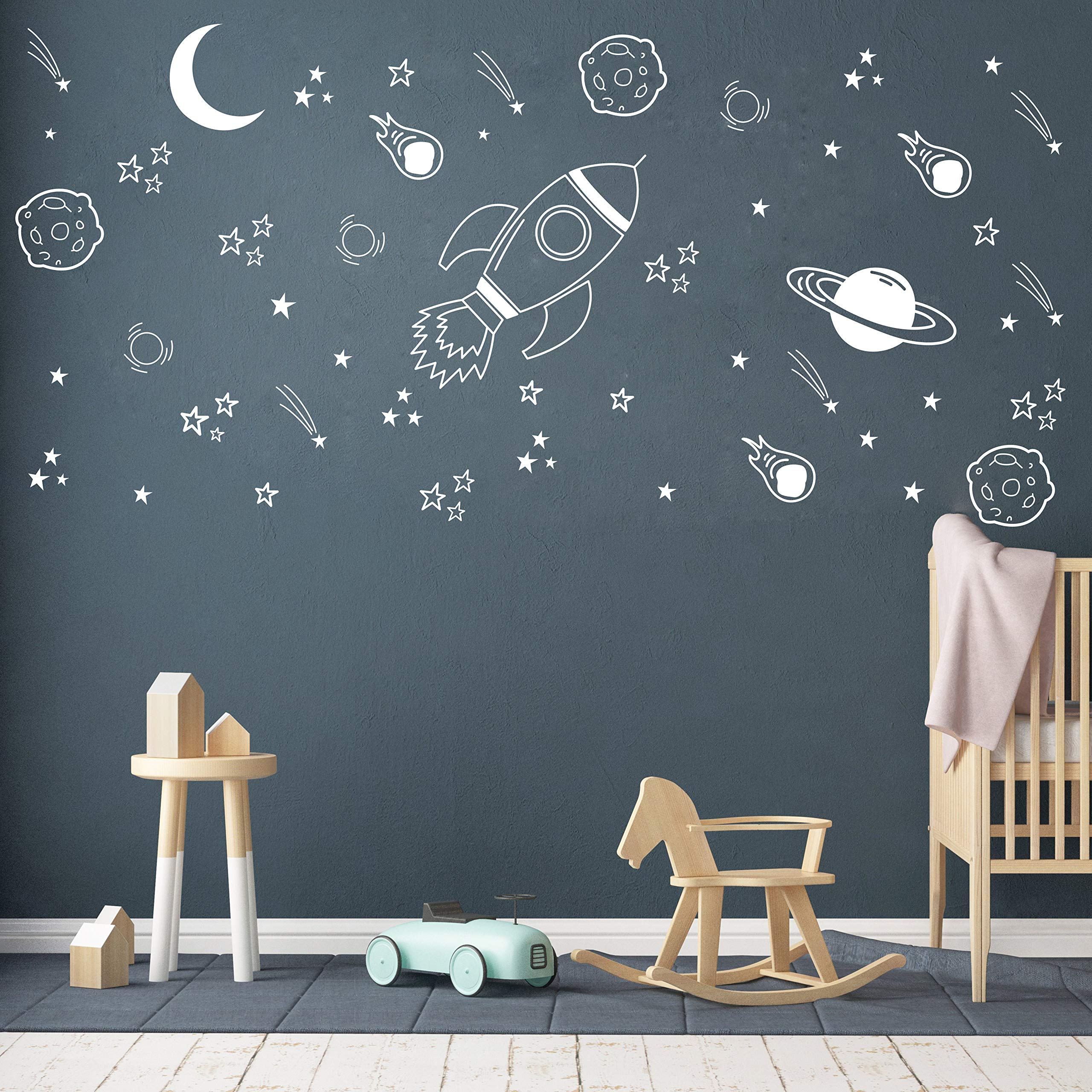 Space Wall Decal for Nursery, Outer Space Decor, Rocket Ship, Boy Room Decor, Planets for Baby Boys Nursery A37 (White)