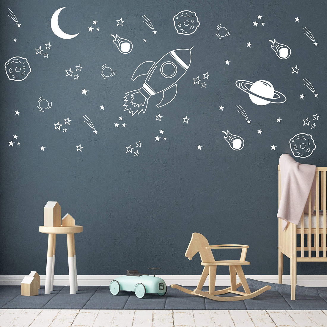 Space Wall Decal for Nursery, Outer Space Decor, Rocket Ship, Boy Room Decor, Planets for Baby Boys Nursery A37 (White)