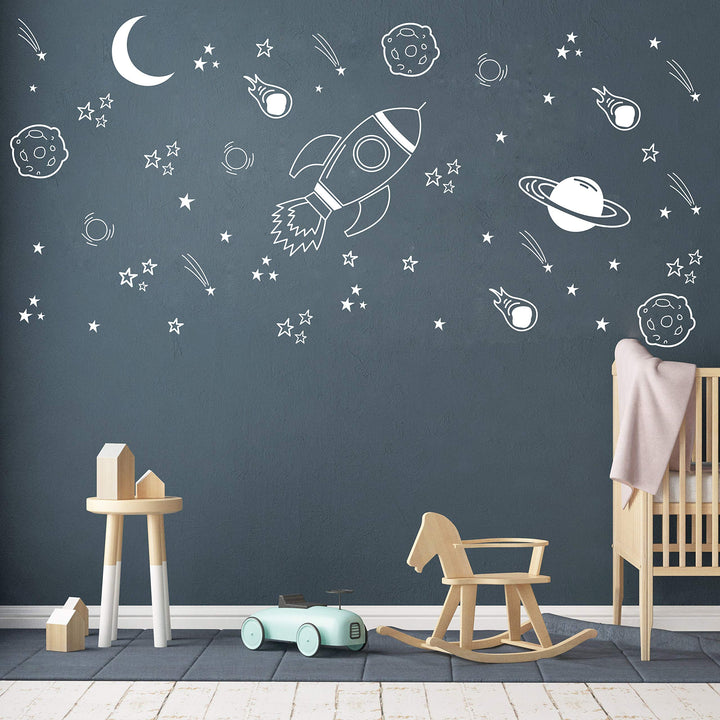 Space Wall Decal for Nursery, Outer Space Decor, Rocket Ship, Boy Room Decor, Planets for Baby Boys Nursery A37 (White)